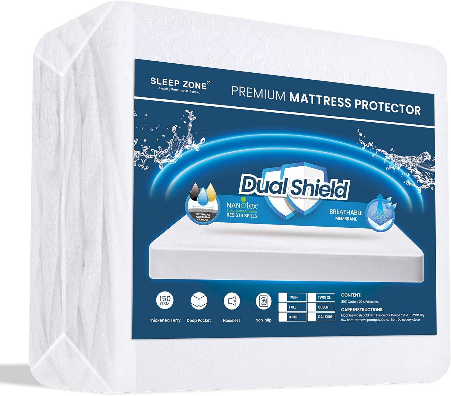 SLEEP ZONE Waterproof Mattress Protector Twin Size, Soft Breathable Cotton Terry Mattress Cover, Washable Noiseless Bed Cover Deep Pocket 8"-21", Twin