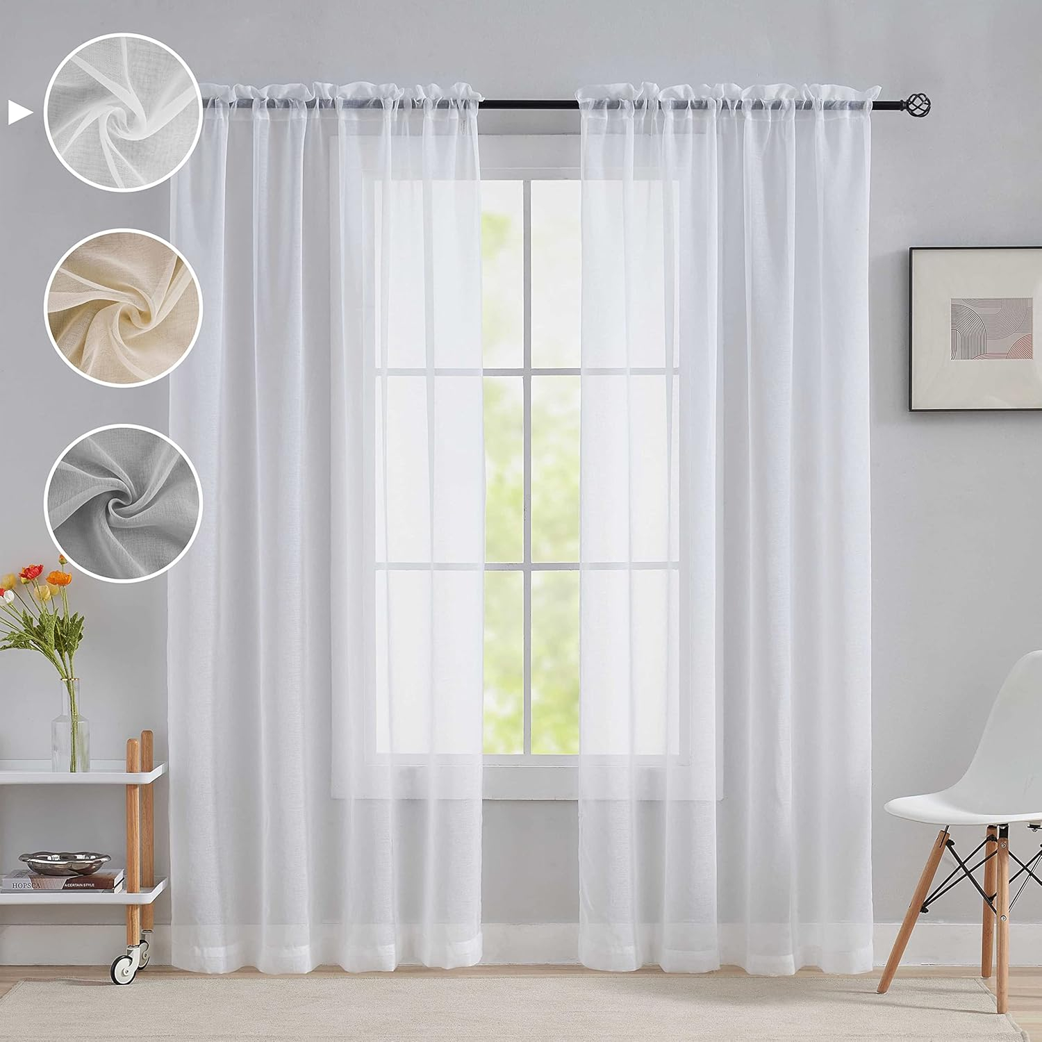 THD Basics 2 Piece Semi Sheer Voile Window Curtain Drapes Grommet Top Panels for Bedroom, Living Room & Kids Room - Set of 2 panels