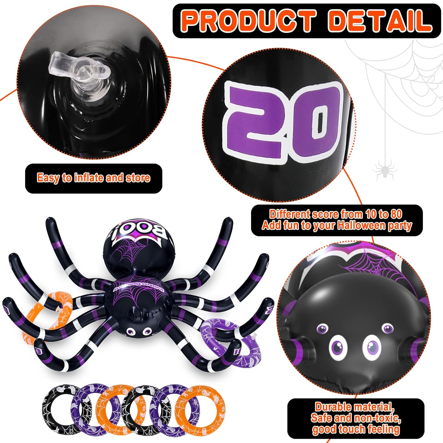 Max Fun Halloween Ring Toss Games for Kids, 2 Pack Inflatable Spiders Set Halloween Party Favor Supplies Holiday Carnival School Decoration Outdoor Indoor Spooky Creepy Game