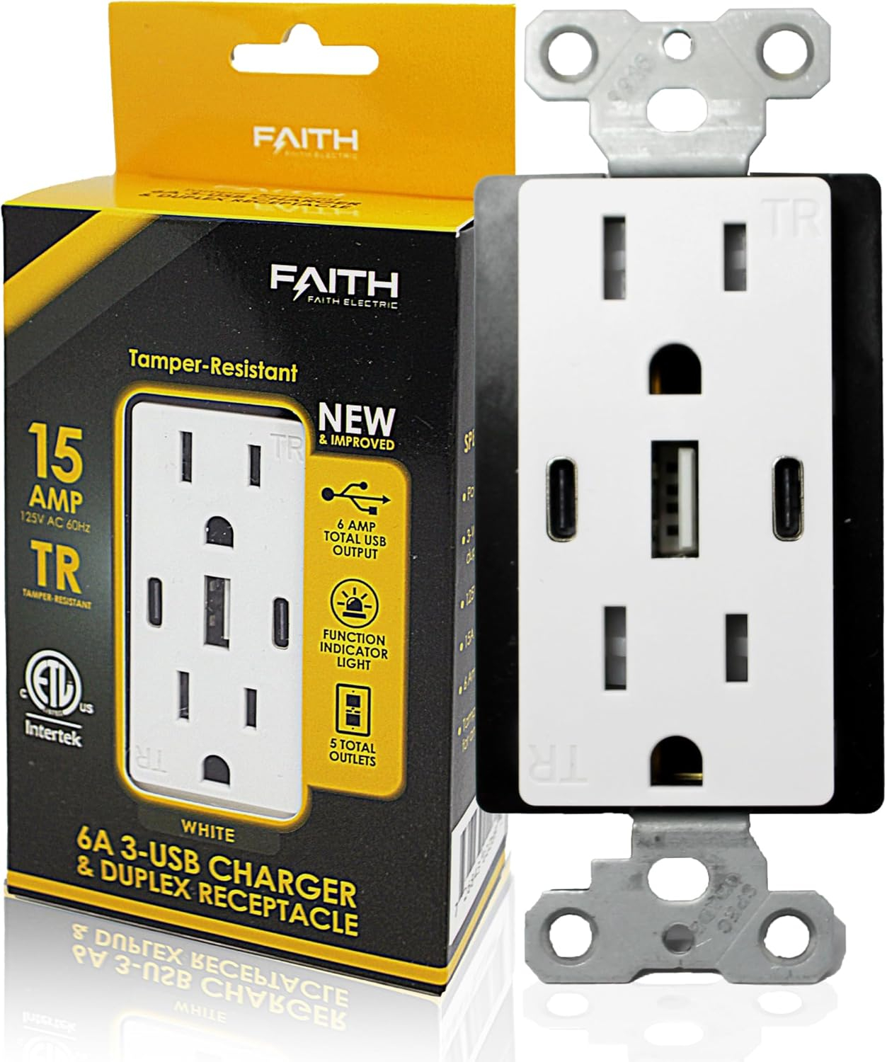 6.0A USB Outlet, 3-Port 30W Wall Outlets with 2 Type C & 1 Type A, 15 Amp Receptacle Plug, Tamper Resistant Receptacle, ETL Listed, White, 1 Pack
