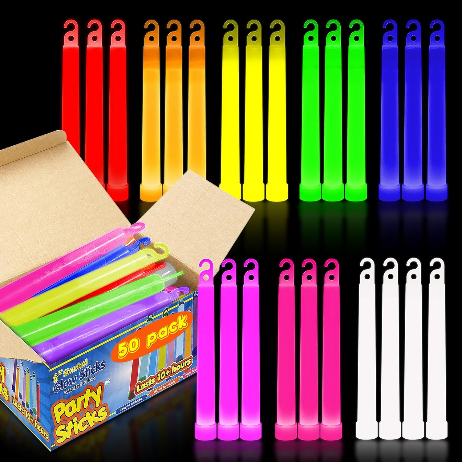 50 Multi Color Ultra Bright Glow Sticks Bulk - 12 Hour Duration - Versatile Use Glow Sticks for Parties, Emergency Light, Camping, and Survival Kit