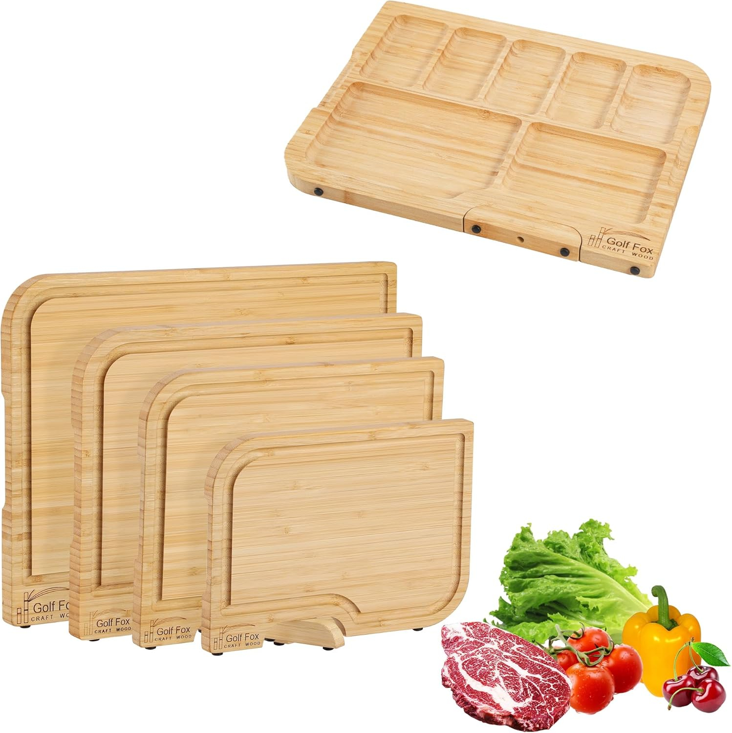 Golf-Fox XL Bamboo Cutting Board - Wood Cutting Board with Stand, Double-Sided: Chopping Board and Charcuterie Board, Kitchen Gift for Home Cooks, For Meat &Fruit