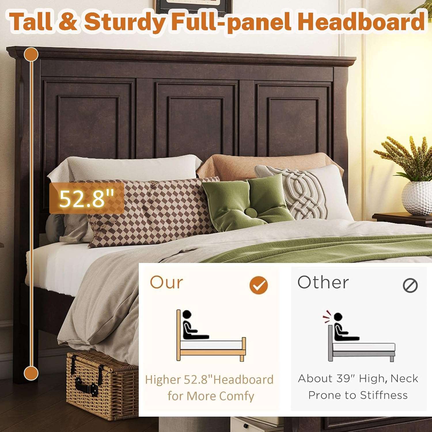 King Size Platform Bed with Tall Headboard & Footboard, Pinewood King Bed Frame with Wood Panel Bed Base, No Squeak, No Box Spring Needed, Traditional Style, Brown