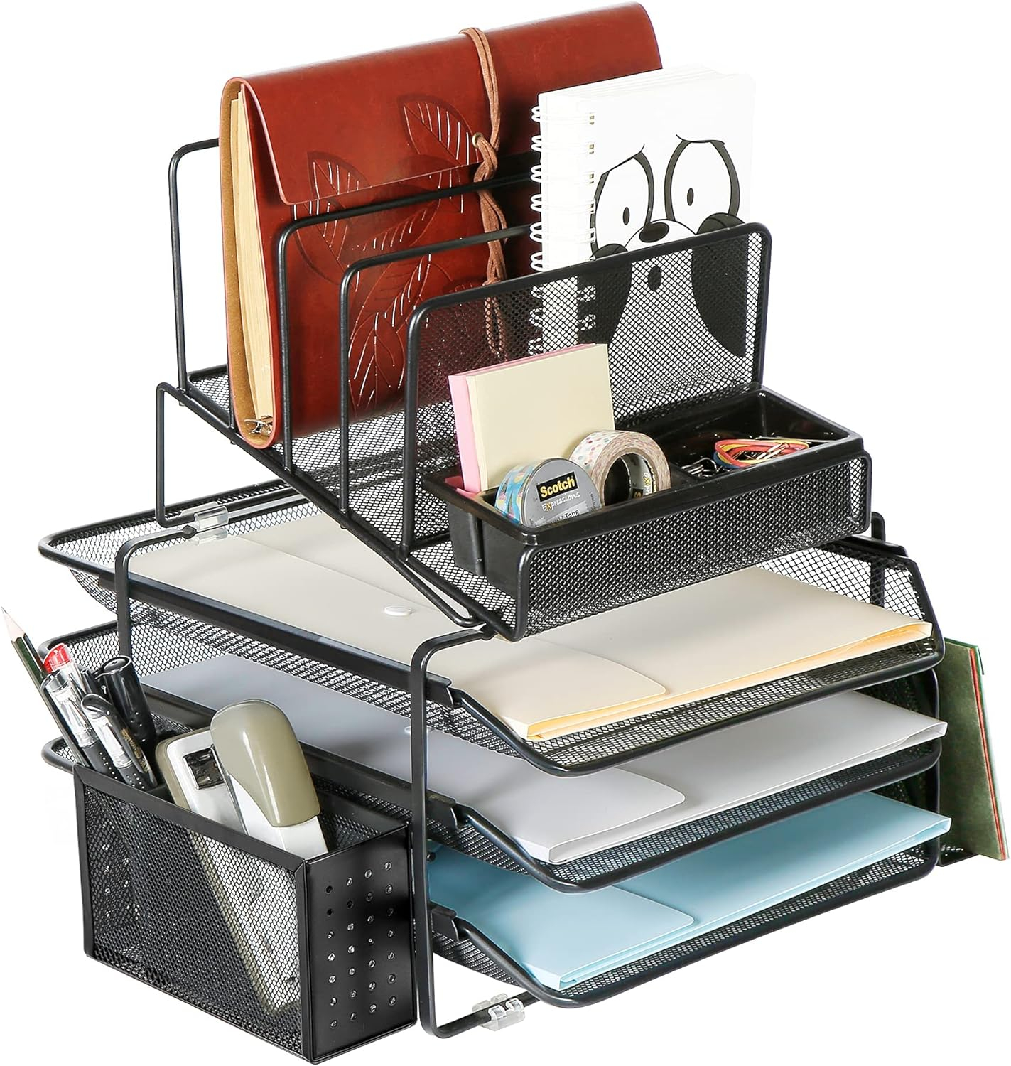 DESIGNA Stackable Mesh Desk Organizer with 3 Sliding Letter Tray Drawers, 4 File Holders Sorter Section, 2 Side Compartments, Pencil Holder Non-slip All In One Desktop Organizers Office Storage, Black