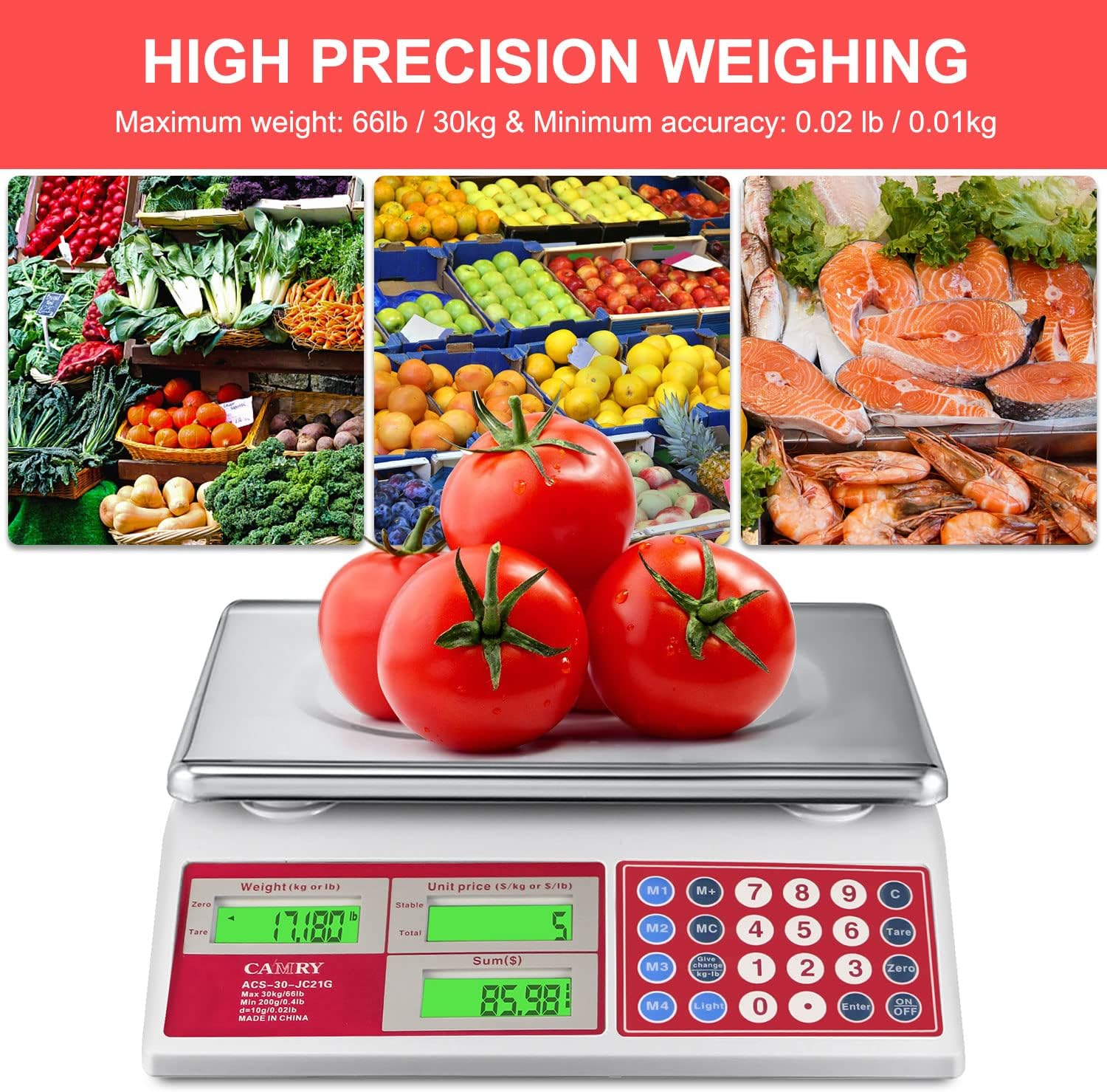 CAMRY Digital Price Computing Scale 66lb/30kg Commercial Produce Scale with Stainless Steel Platform and Green Backlight LCD Display for Meat, Fruit, Ideal for Deli, Farmers Markets, Restaurants