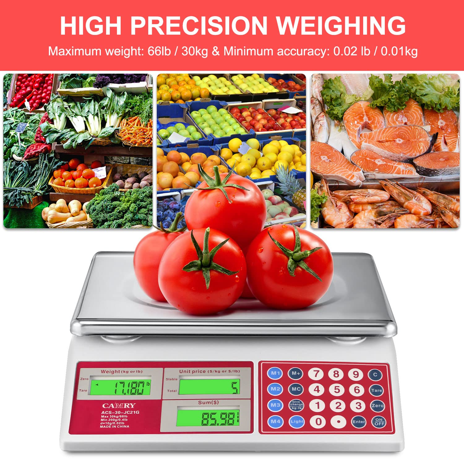 CAMRY Digital Price Computing Scale 66lb/30kg Commercial Produce Scale with Stainless Steel Platform and Green Backlight LCD Display for Meat, Fruit, Ideal for Deli, Farmers Markets, Restaurants