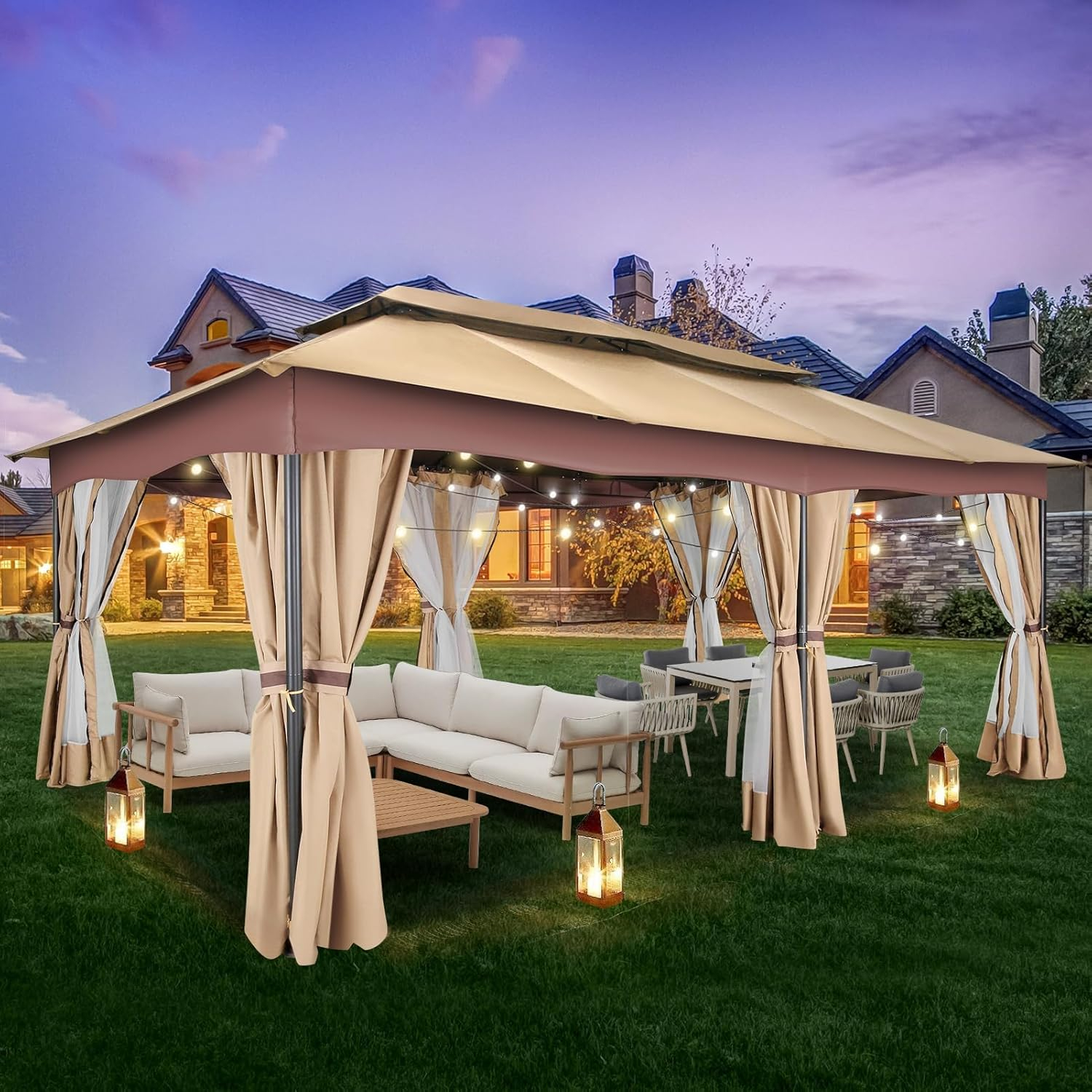 HOTEEL 10x20 Gazebo on Clearance, Outdoor Gazebo Tent with Mosquito Netting and Ventilated Double Flat Roof, Easy Set up Canopy Tent with Stable Metal Frame for Patio, Khaki (Upgraded 2.0)