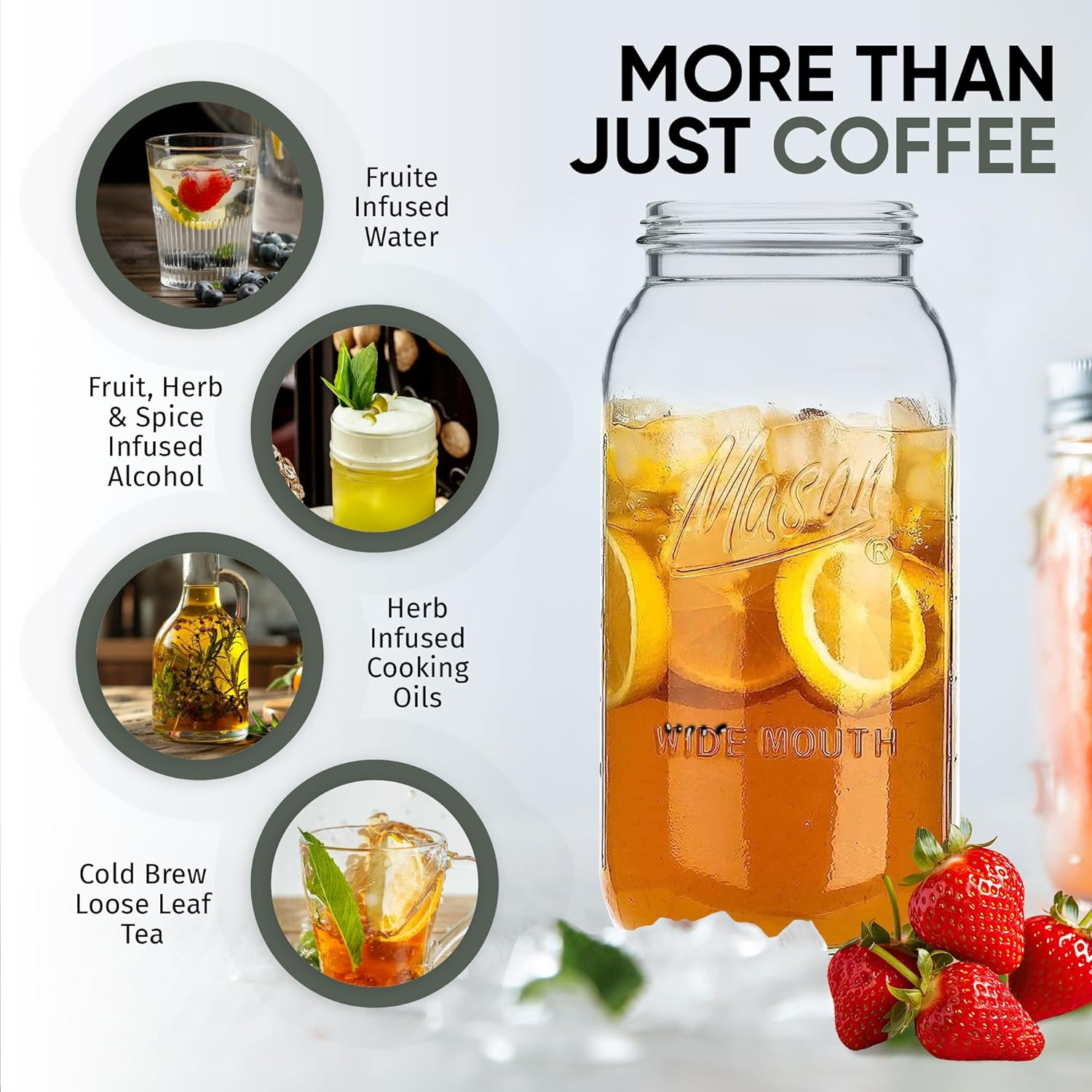 Cold Brew Coffee Maker for Wide Mouth Mason Jar - Stainless Steel Iced Coffee Cold Brew Filter & Infuser Maker for Tea & Fruit Water -Versatile Mason Jar Coffee Brewer & Tea Strainer Kit (64oz/2qt)