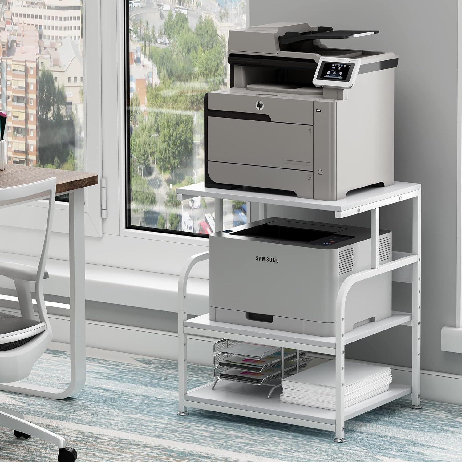 Printer Table, 23.6 x18.9 x 29.5 Inches Large Printer Stand with Height Adjustable Storage Shelf, 3 Tier Rolling Printer Cart Furniture with Wheels for Home Office, White & Black