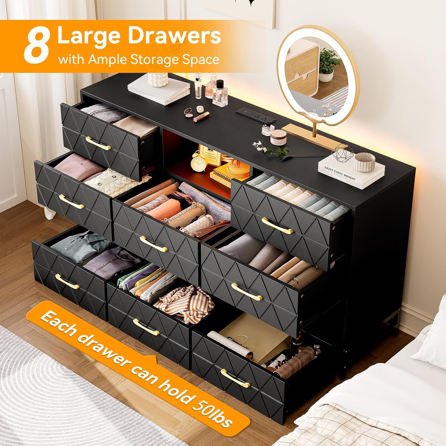 8 Deep Drawer Black Dresser for Bedroom with Charging Station and LED Lights, 59" TV Dresser Wooden Large Long Dresser, Modern Chest of Drawers Storage Organizer for Closet, Living Room