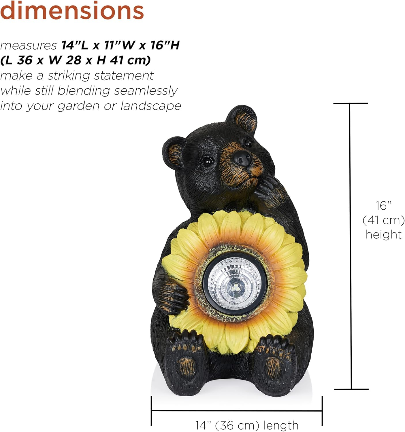 Alpine Corporation GXT520SLR-L Solar Powered Bear Statue with LED Sunflower for Outdoor Lawn and Yard Decoration, 16" H, Brown