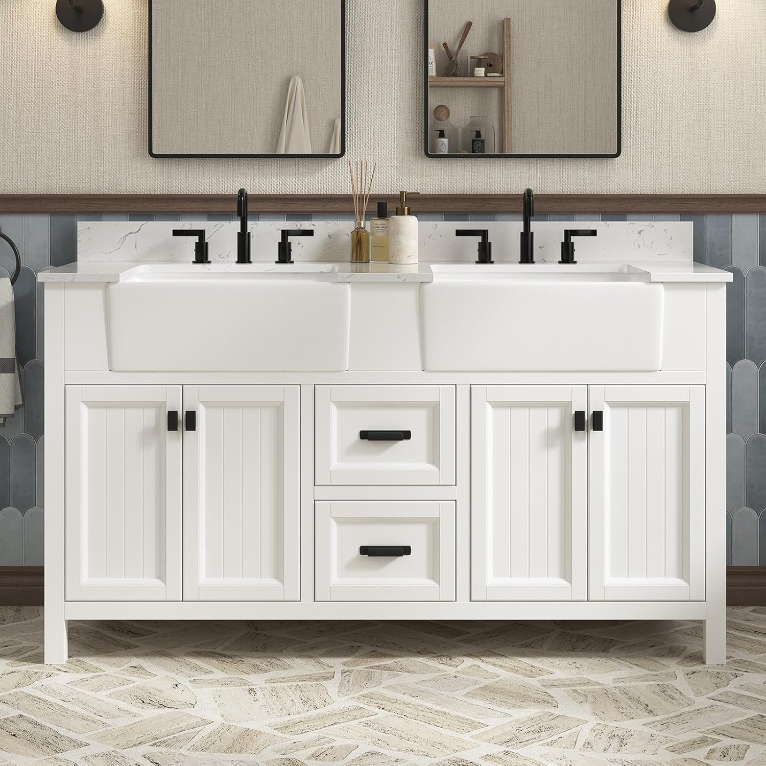 Richfield 60-inch White Painted Freestanding Double Sink Bathroom Vanity