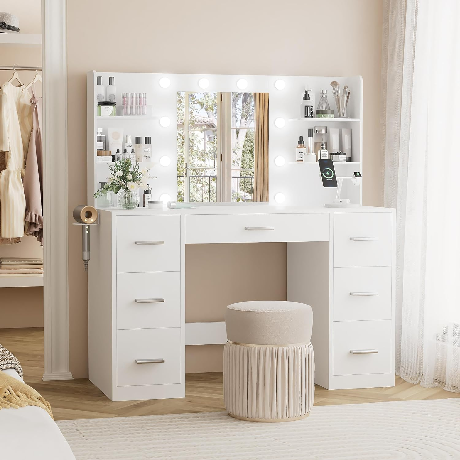 YESHOMY Vanity Desk with Mirror, Power Outlet and 10 Lights, Makeup Table with 7 Drawers, 3 Color Modes Available for Bedroom, White