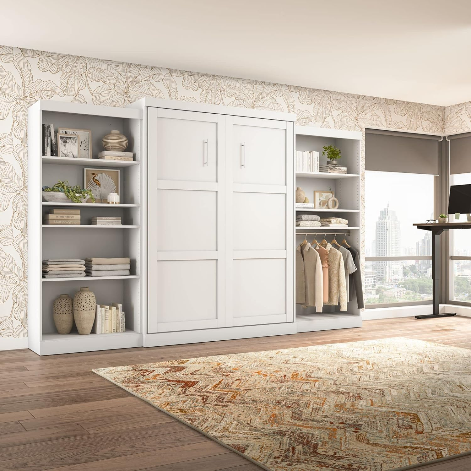 White Queen Upholstered Murphy Bed with Storage and Headboard