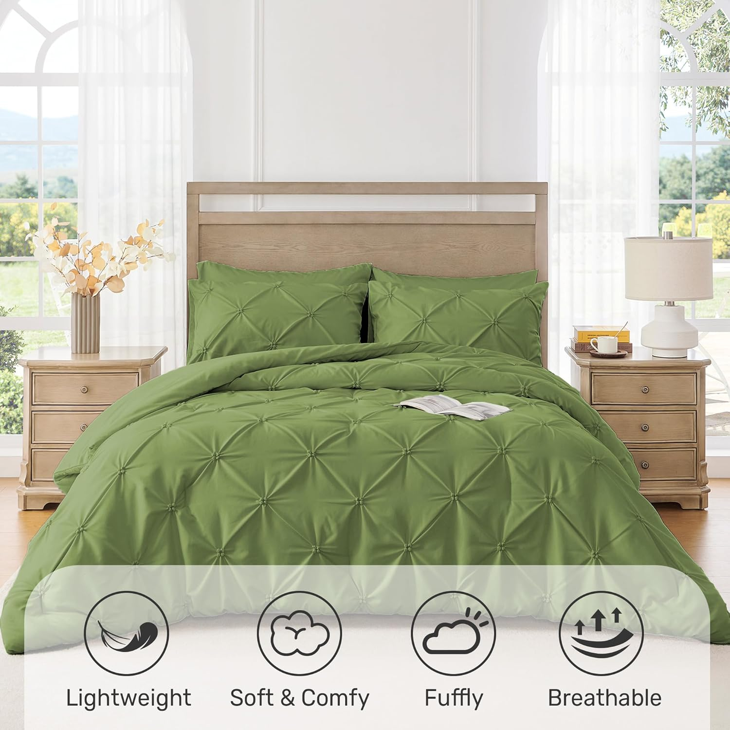 Peace Nest 3-Piece All Season Pinch Pleated Comforter Set, Olive, King