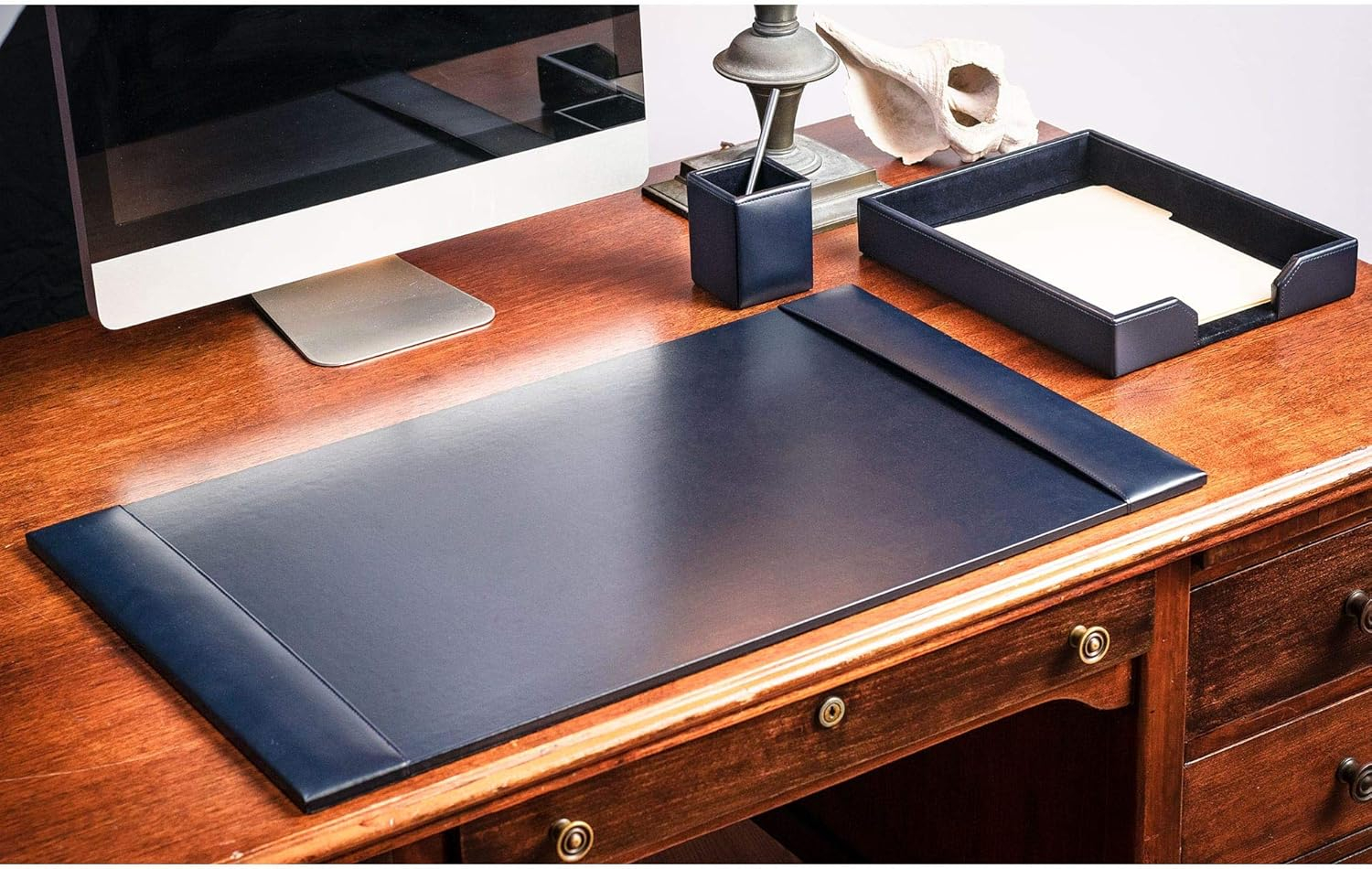Navy Blue Bonded Leather 3-Piece Desk Set