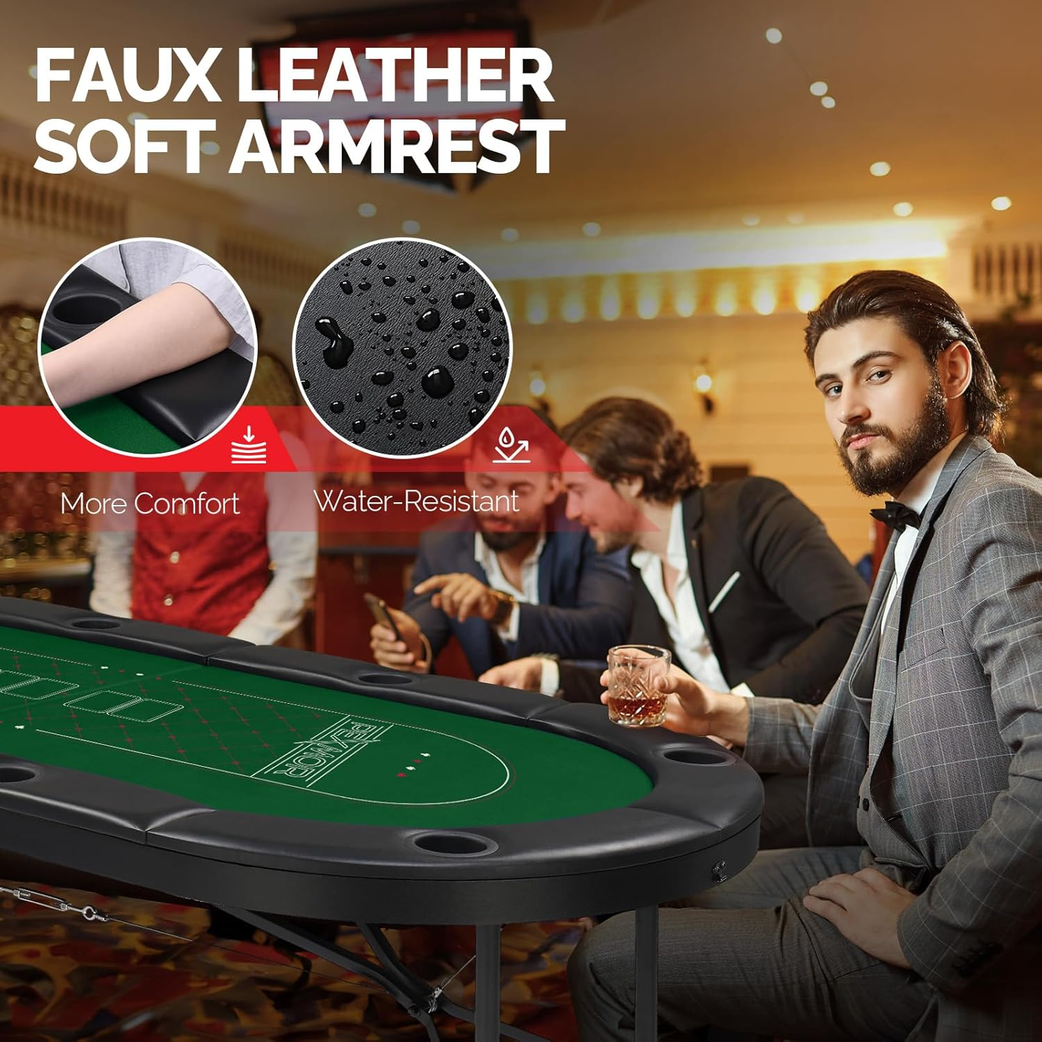 PEXMOR Foldable 8-Player Game & Card Table with Stainless Steel Cup Holders, Padded Rails, Green