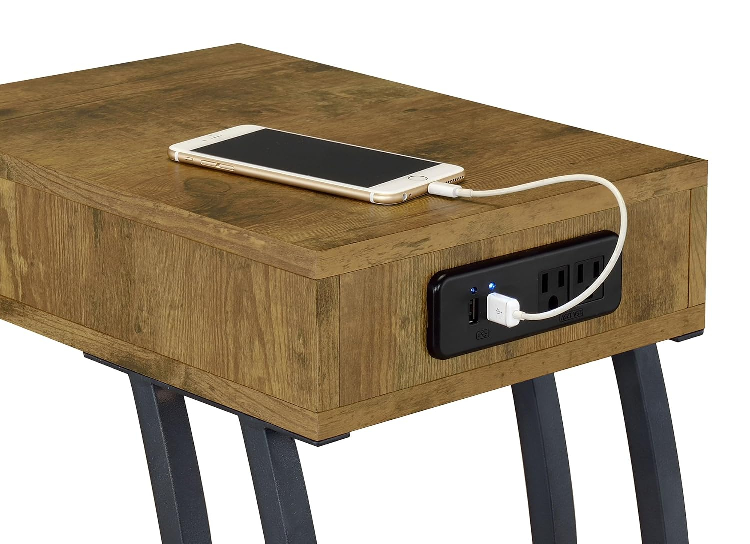 SQFHV Contemporary Wood End Table w/ 2 Power Outlets & USB Ports in Nutmeg