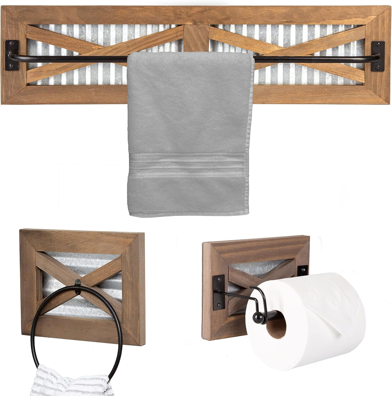 Crutello Rustic Towel Bar Toilet Paper Holder Set with Towel Ring for Bathroom- Wall Mounted Bathroom Racks - Barnwood, Galvanized Backing & Black Metal Bar, Farmhouse Decor