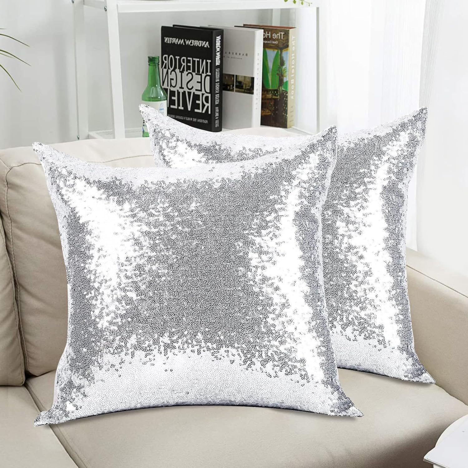Eternal Beauty Set of 2 Silver Pillow Cover Sequin Decorative Pillow Covers for Couch Sofa Throw Pillows 18 X 18 Inches