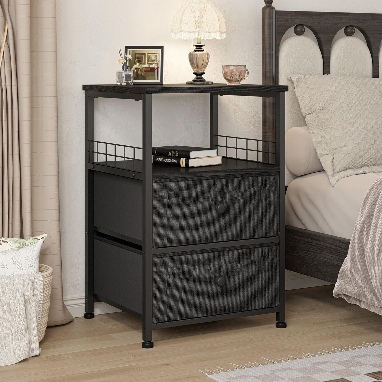 Black and Gray Metal Frame Nightstands with Fabric Drawers