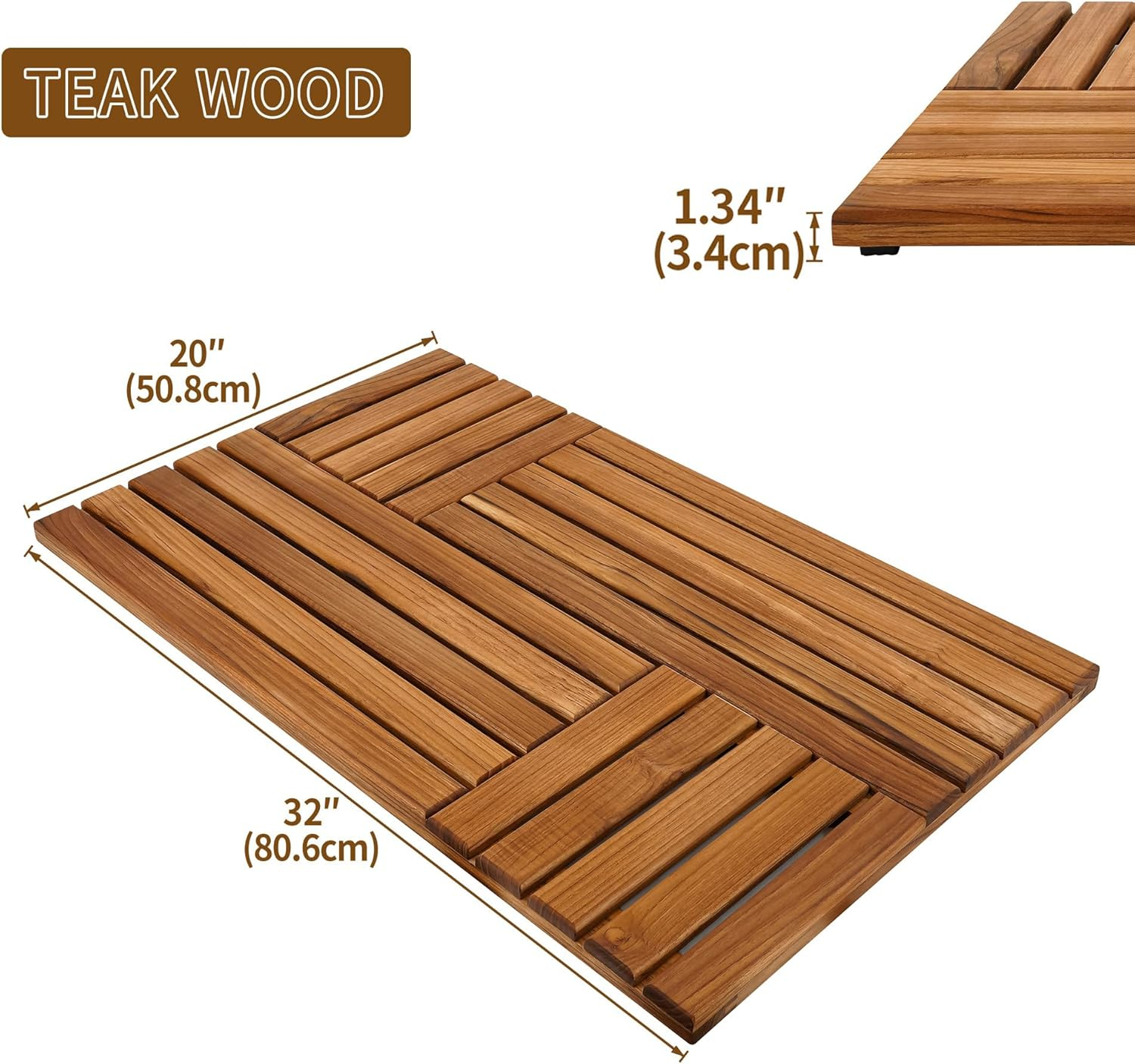 Utoplike Teak Wood Bath Mat, 32 x 20 inch Large Wooden Shower Mat for Bathroom, Non Slip Wood Floor Sturdy Mat for Inside Shower Luxury Spa Home or Outdoor