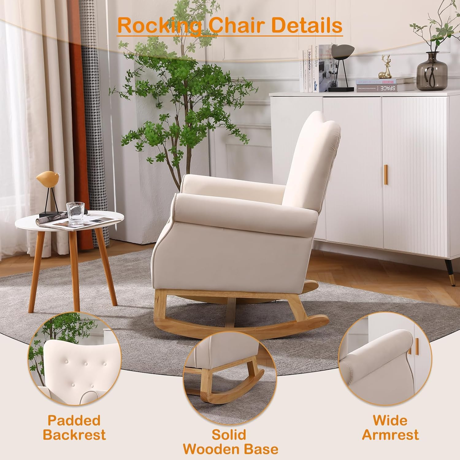 Velvet Nursery Glider Rocker with Comfy Armrest, Accent Rocking Chair with Solid Wood Legs for Baby (Beige)