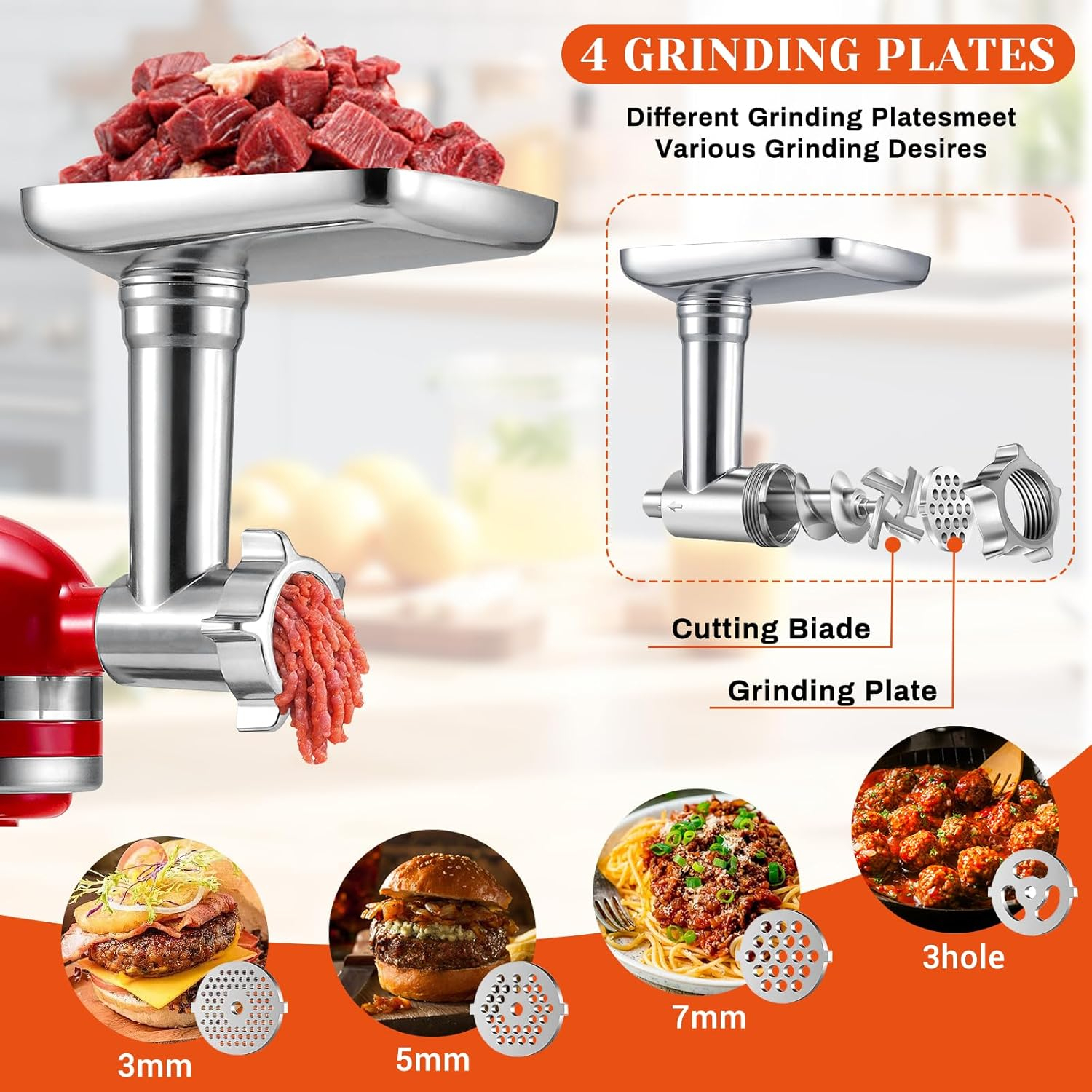 Meat Grinder Attachment for Kitchenaid Stand Mixer with 4 Grinding Plates, Cheese Grater Attachment for kitchenaid Stand Mixer with 3 Metal Sausage Stuffer Tubes, Salad Maker, Burger Press & 3 Blades
