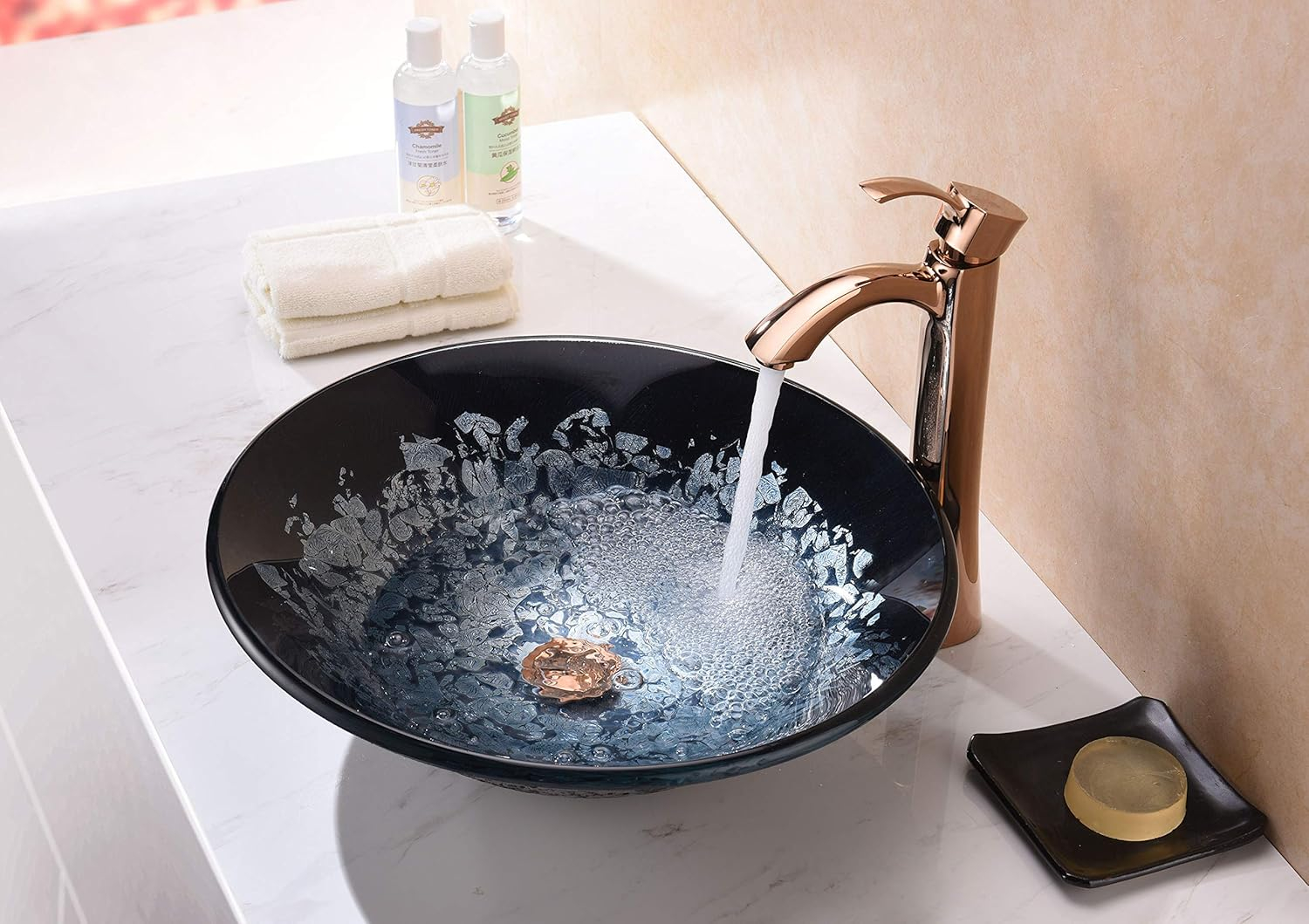 Silver Burst Glass Round Vessel Sink with Floral Pattern