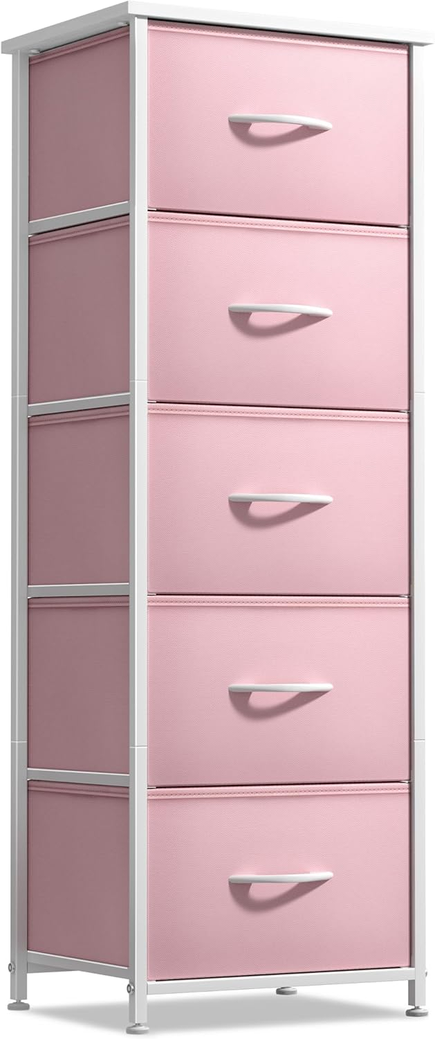 Sorbus Fabric Dresser for Kids Bedroom - Chest of 5 Drawers, Tall Storage Tower, Clothing Organizer, for Closet, for Playroom, for Nursery, Steel Frame, Fabric Bins - Wood Handle (Pink)