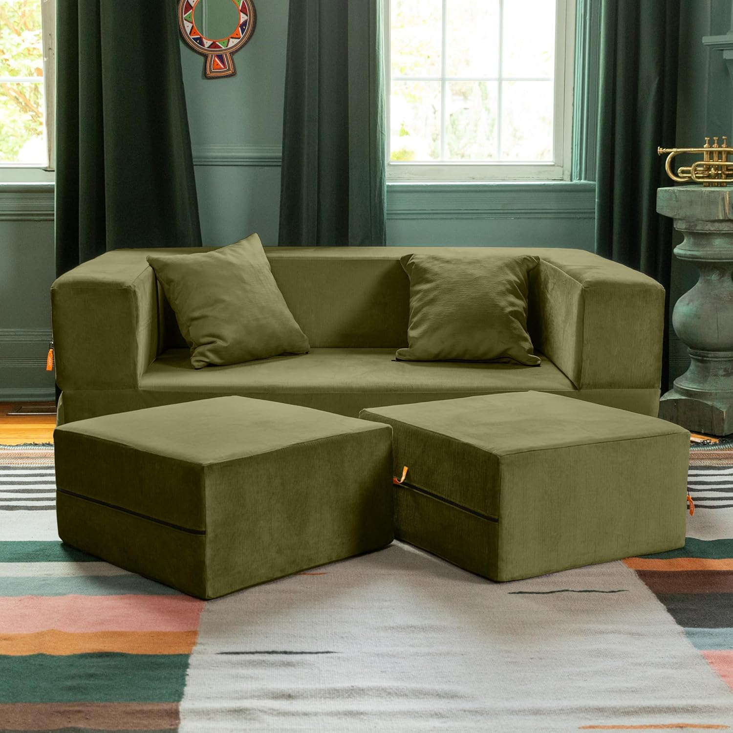 Jaxx Zipline Convertible Sleeper Loveseat & Ottomans/Queen-Size Bed, Moss