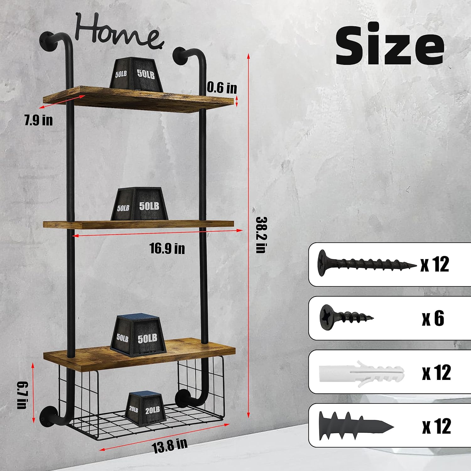 3-Tier Wall Mounted Floating Shelves with Basket, Easy Assemble Industrial Pipe Shelving, Anti-Rust for Bathroom, Kitchen, Bedroom - 44.5 * 16.9 inch