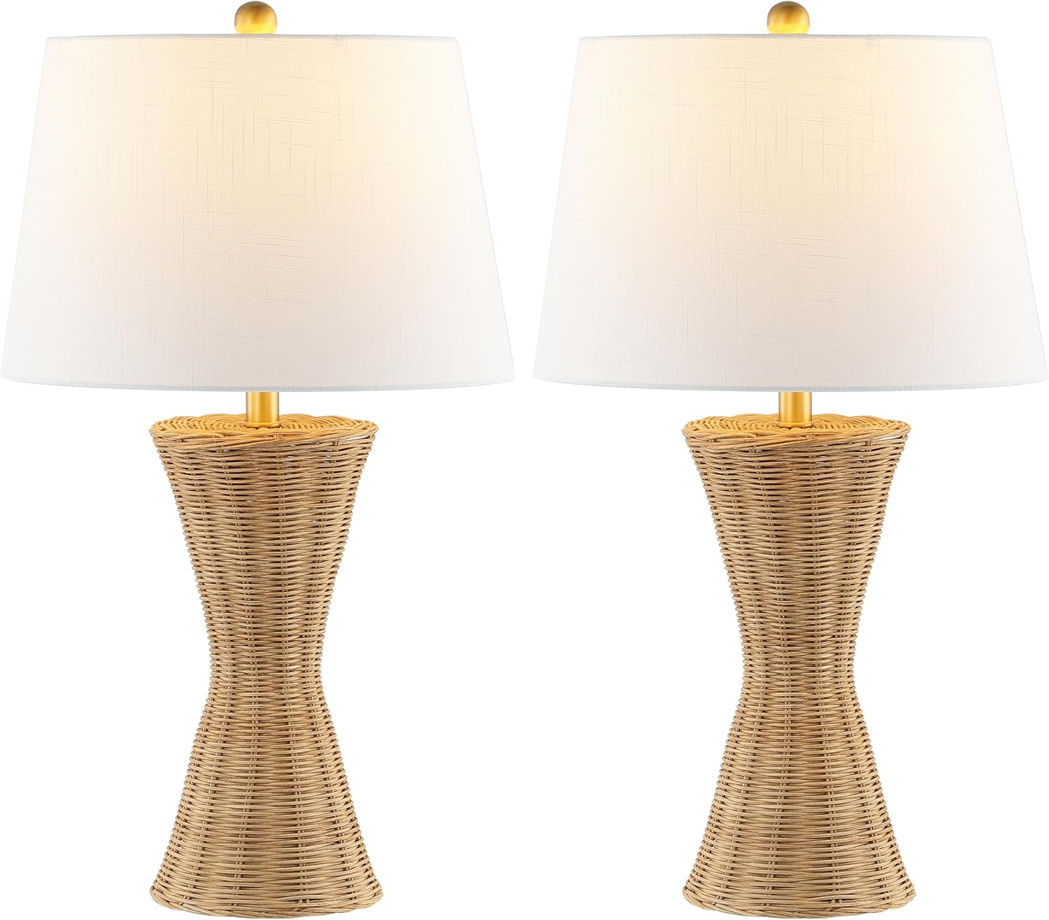 Laura 27 in. Coastal Designer Iron/Rattan Wicker LED Table Lamp Set with Rattan Base and Linen Shade, Natural (Set of 2)