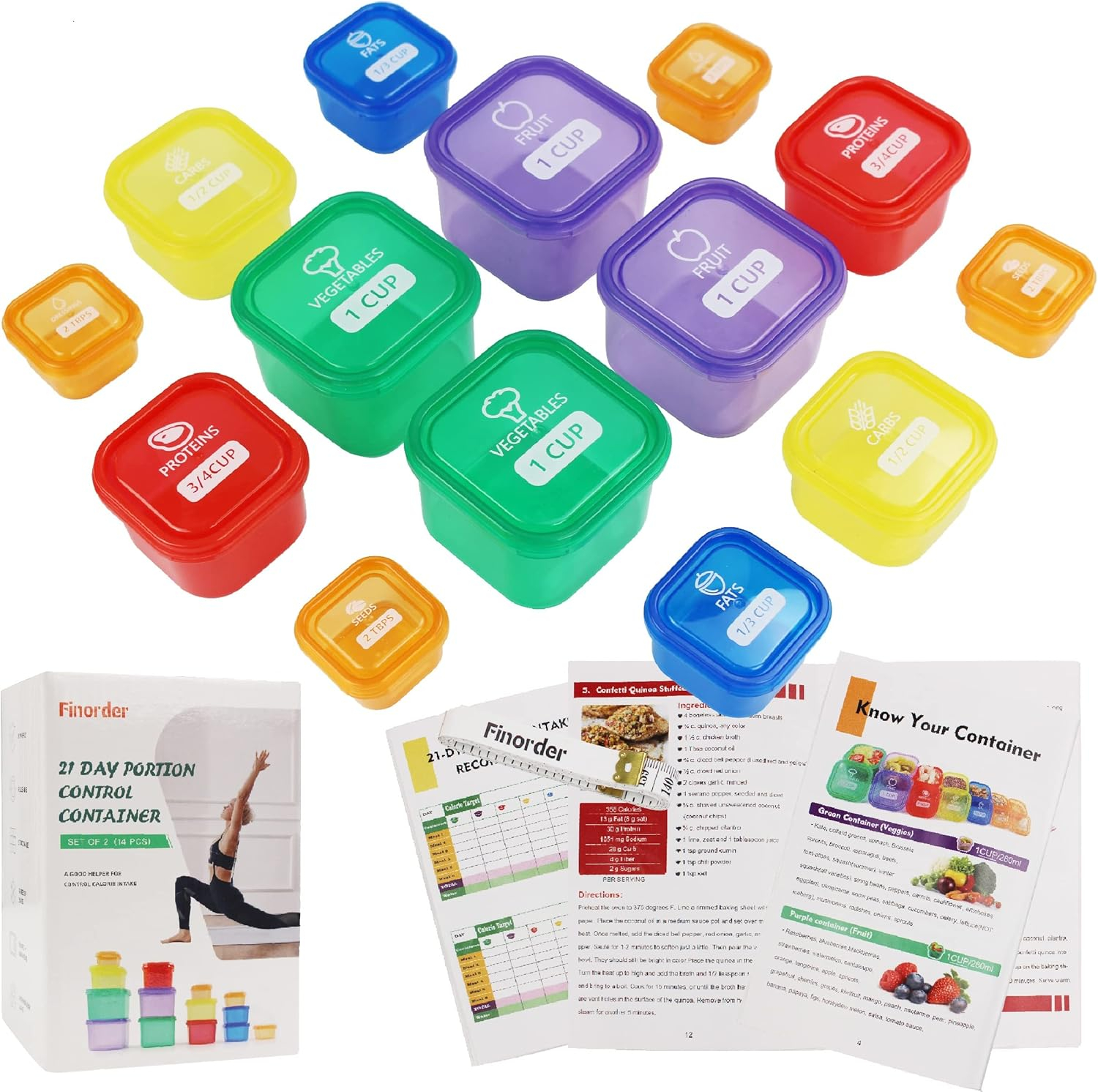 Finorder Portion Control Container Kit Multicolour Polypropylene Meal Prep Food Storage (14 Count)
