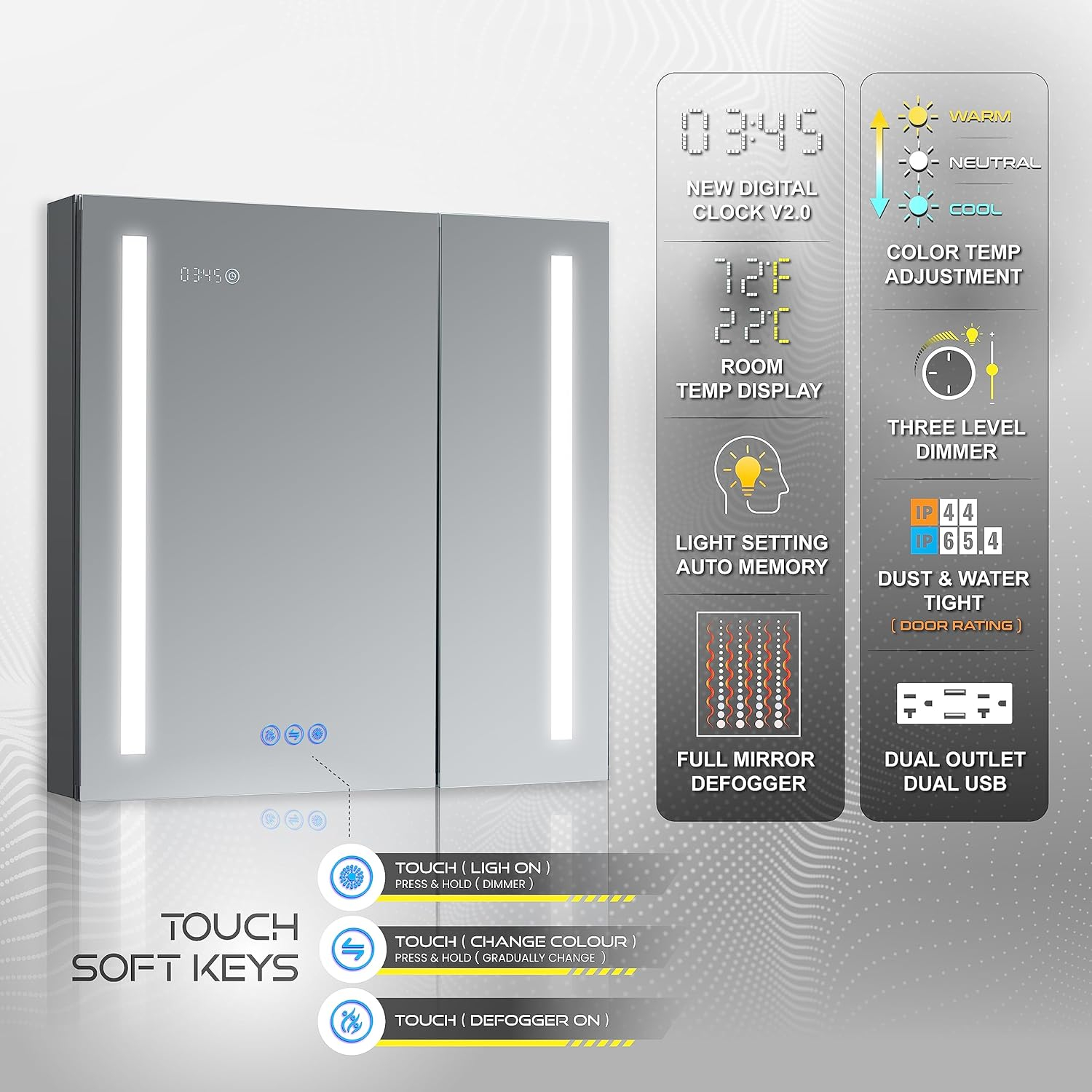 DECADOM LED Mirror Medicine Cabinet Recessed or Surface, Dimmer, Clock, Room Temp Display, Dual Outlets (Duna 36x32)