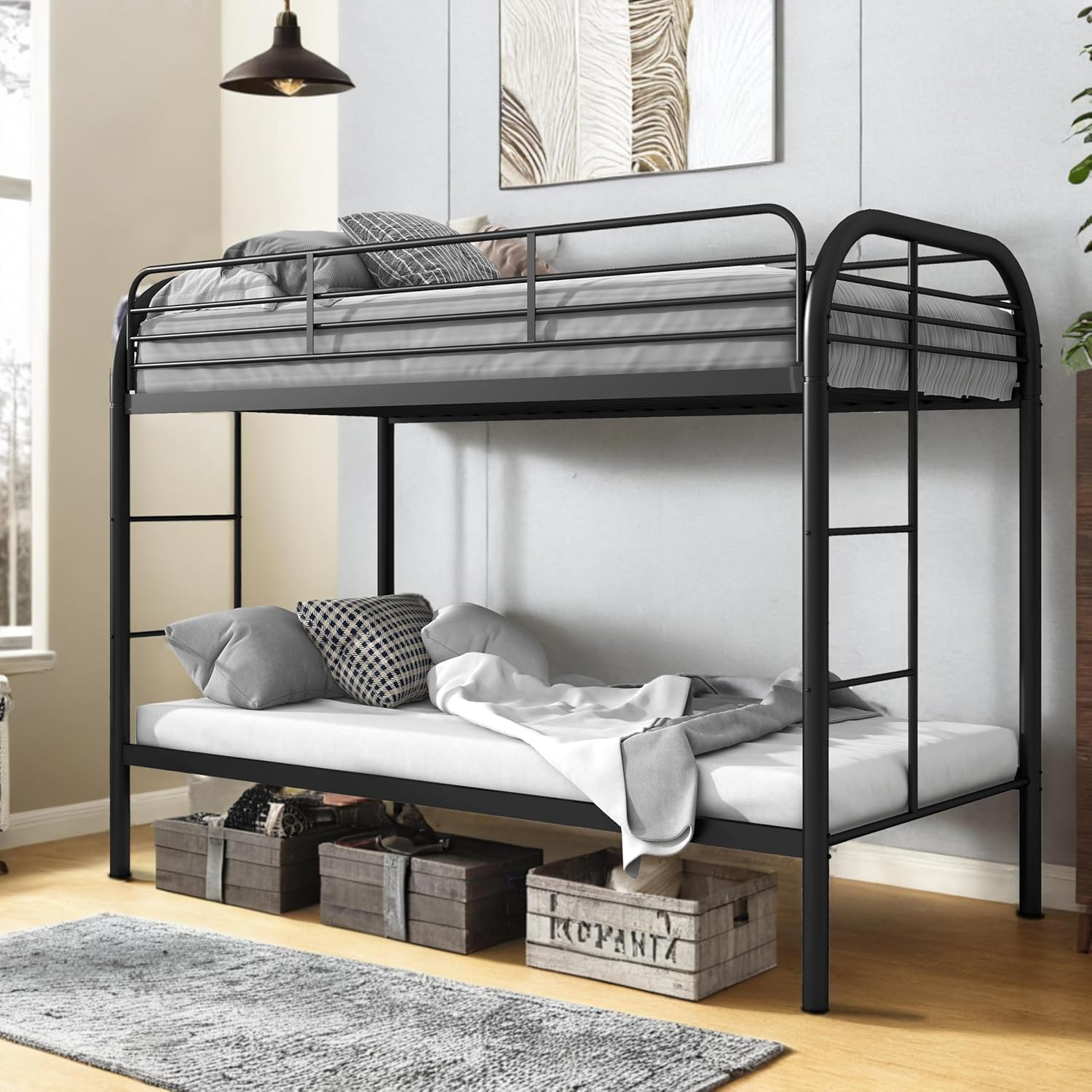 Black Twin Metal Bunk Bed with Safety Rails and Storage Drawer