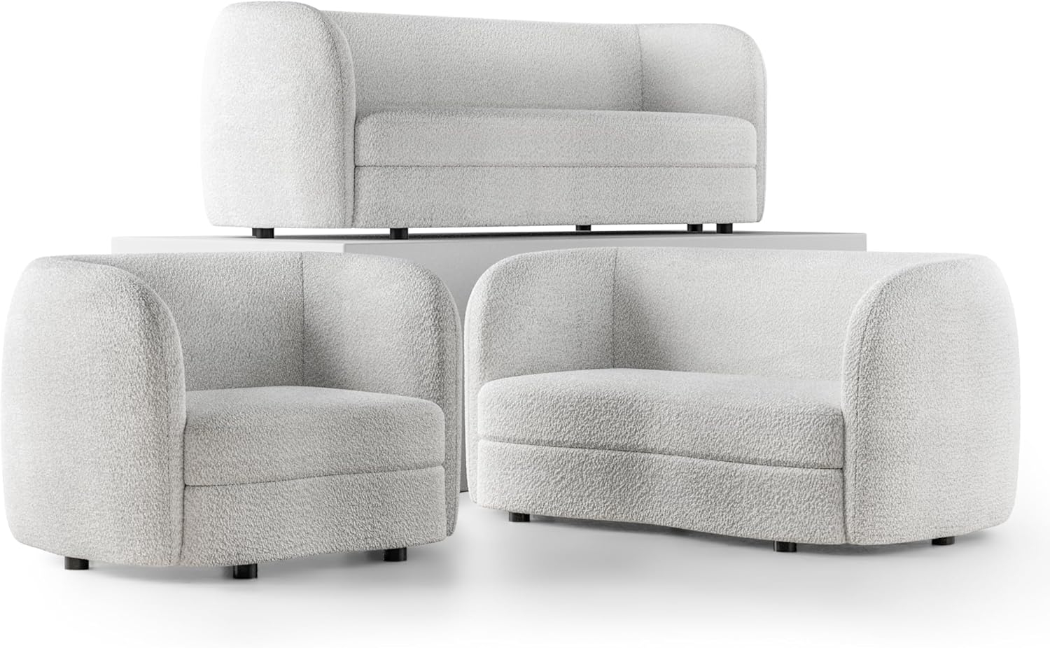 Off-White Boucle Fabric 3-Piece Sofa Set with Wooden Legs