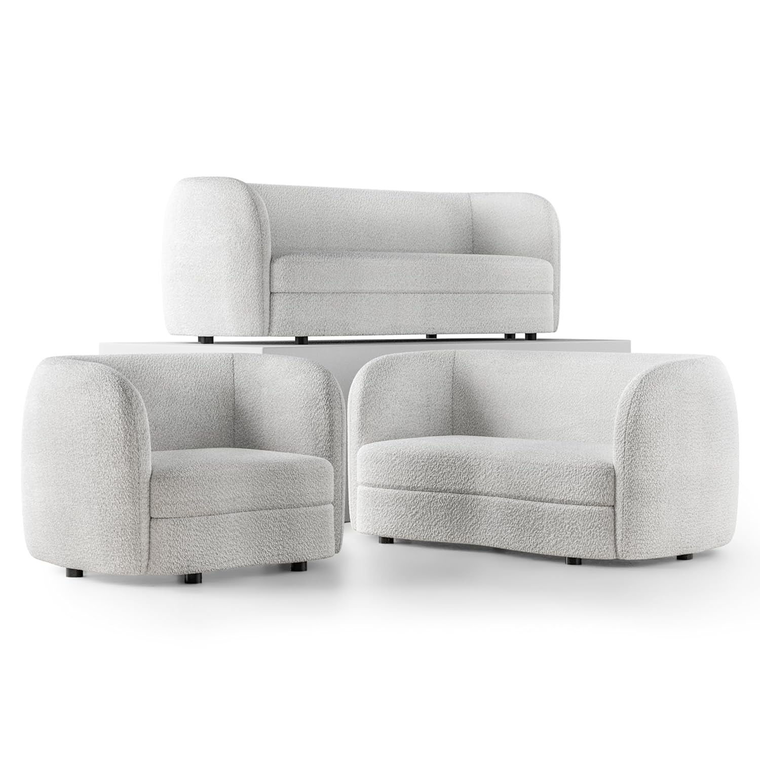 Off-White Boucle Fabric 3-Piece Sofa Set with Wooden Legs