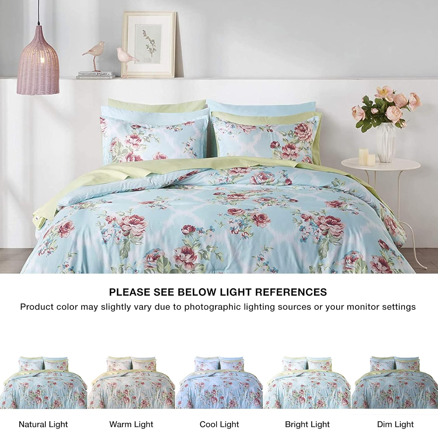 Comfort Spaces 9-Piece Floral Queen Size Bed in a Bag Comforter Bedding Sets with Sheets and Side Pockets , Blue/Red