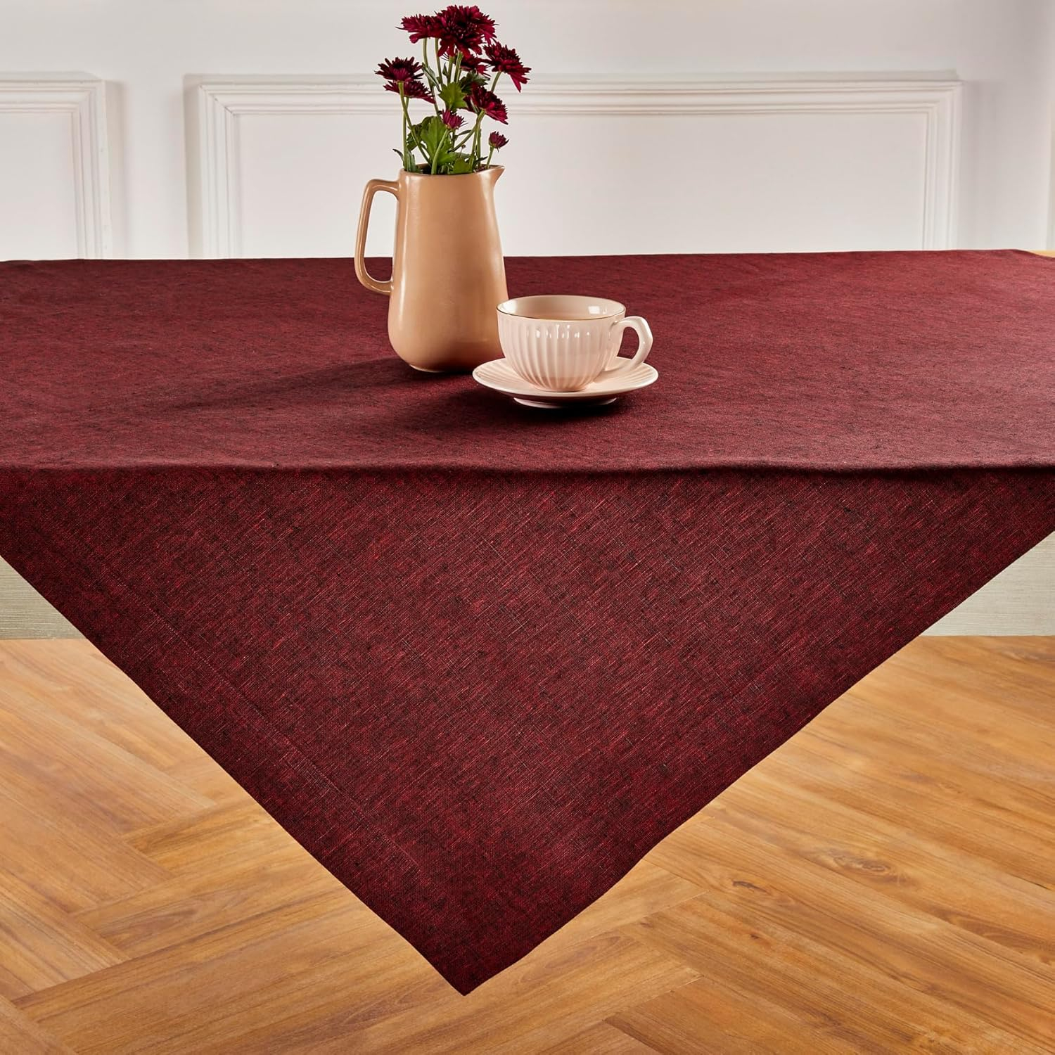 Solino Home Square Tablecloth 52 x 52 Inch - 100% Pure Linen Red Garnet Table Throw - Athena, Machine Washable Tablecloth for Spring, Mothers Day, Memorial Day
