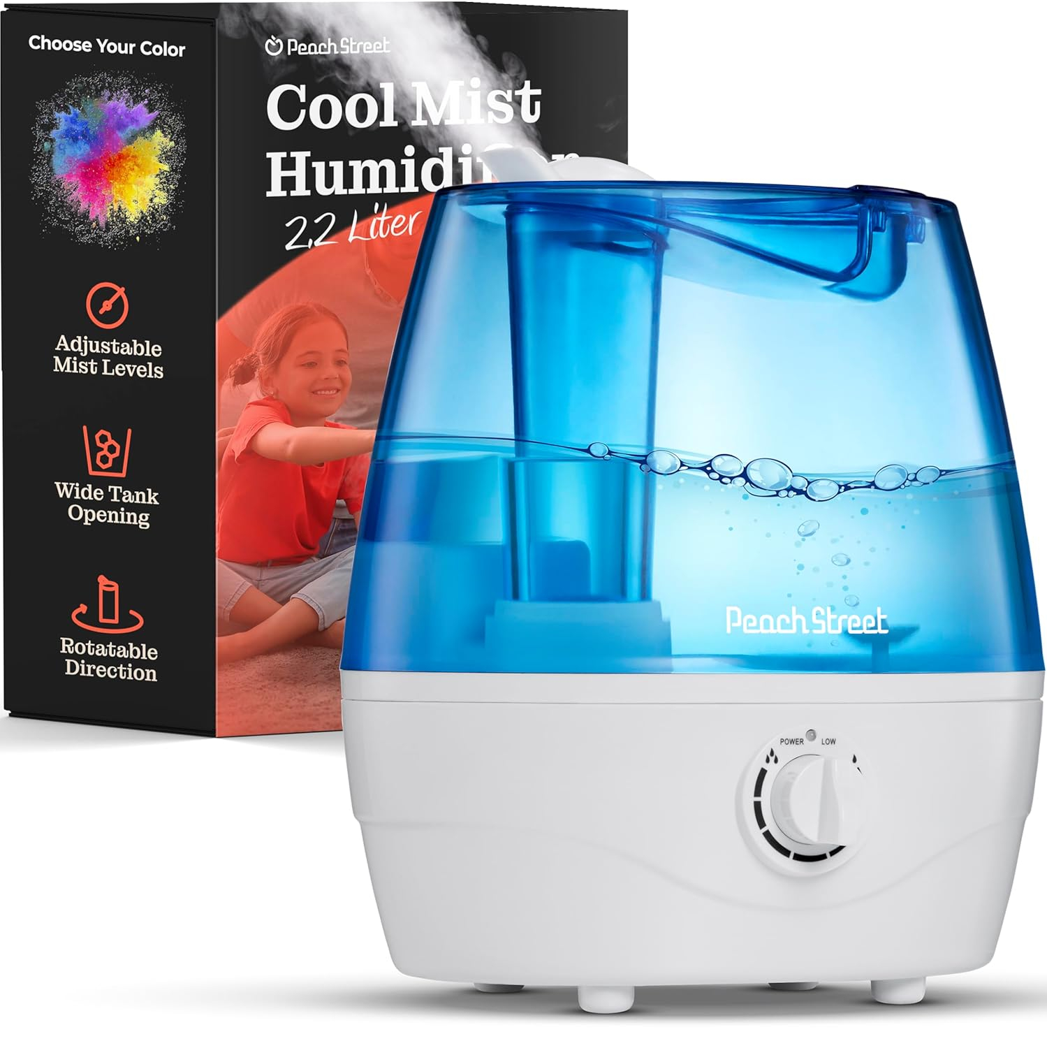 Cool Mist Humidifiers for Bedroom - 2.2L Water Tank, Baby, Office, Quiet Ultrasonic Air Vaporizer, Adjustable Mist Level, 360 Nozzle Rotation, Auto-Shut Off, Large Area Humidifier Easy Fill and Clean