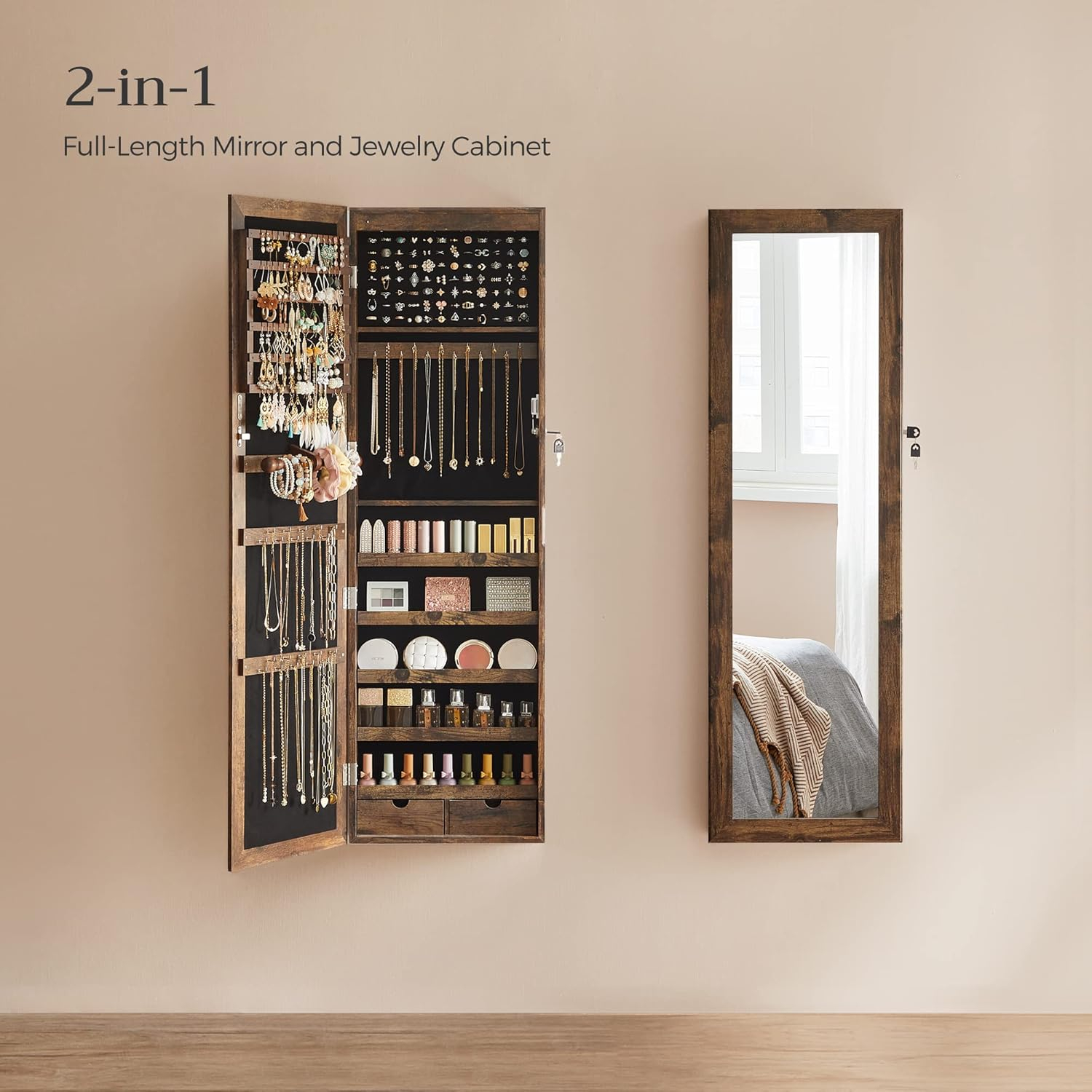 6 LEDs Mirror Jewelry Cabinet Lockable 47.2" H Wall/Door Mounted Jewelry Armoire Organizer Rustic Brown