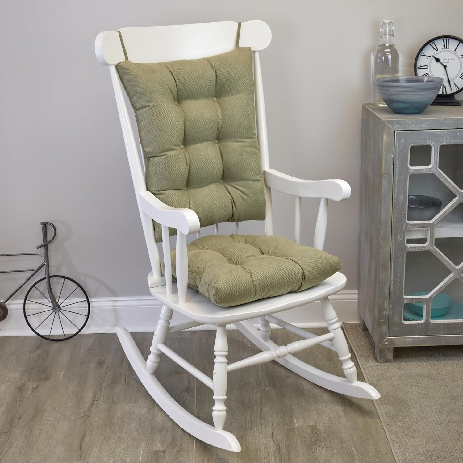 Klear Vu Omega Non-Slip Rocking Chair Cushion Set, Assembled in USA, Thick Padding & Tufted Design, Includes Seat Pad & Back Pillow with Ties, 17x17 Inches, 2-Piece Set, Twillo Thyme