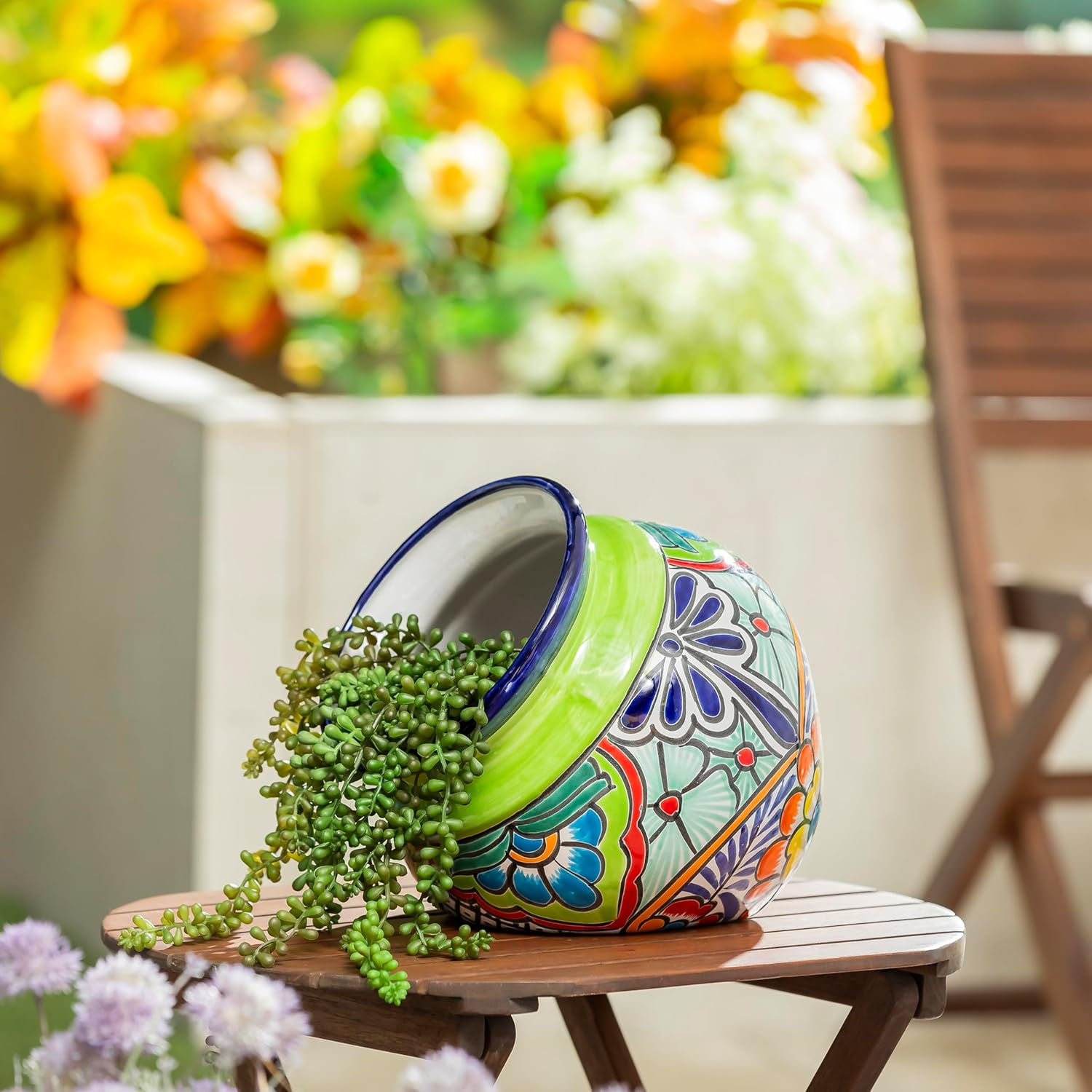 Green Tilted Talavera Ceramic Floral Planter, 10 Inch