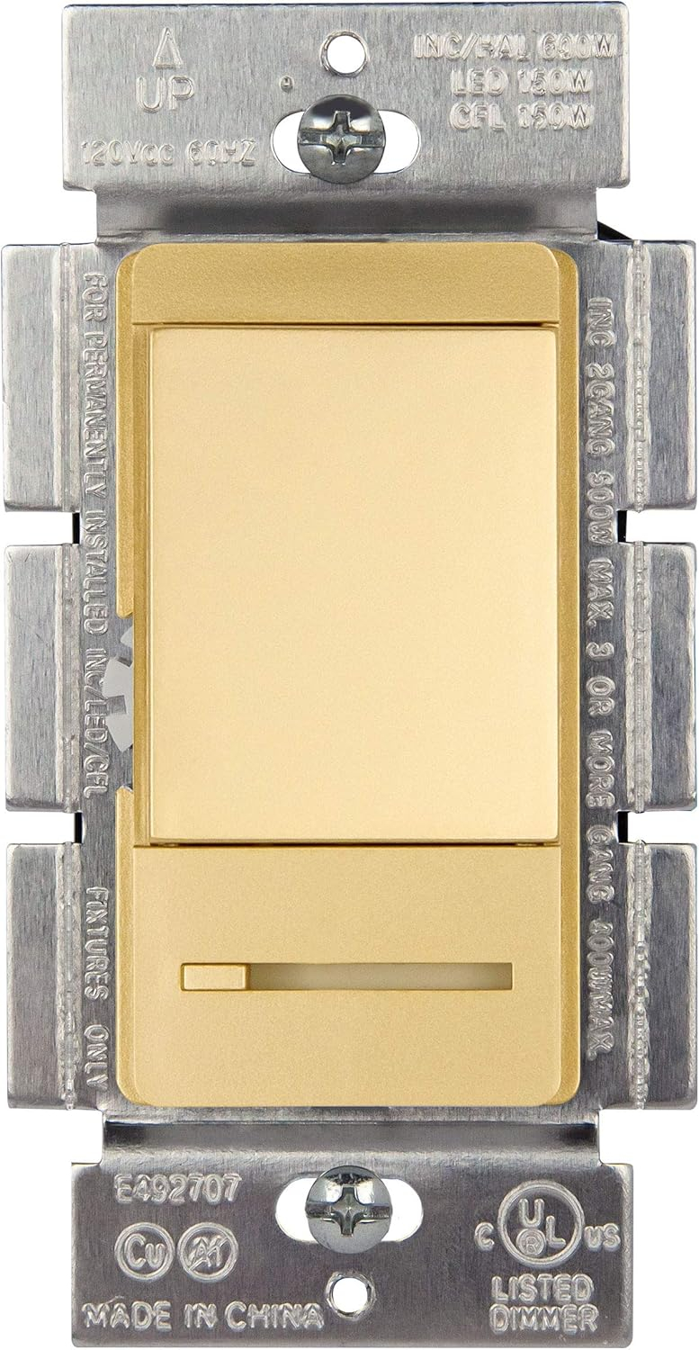 TOPGREENER Dimmer Switch with Light Adjustment Slider, Single Pole or 3 Way, 150W LED, 600W Incandescent/Halogen, 120V 60Hz, UL Listed, TGDMDS-120-GD, Gold
