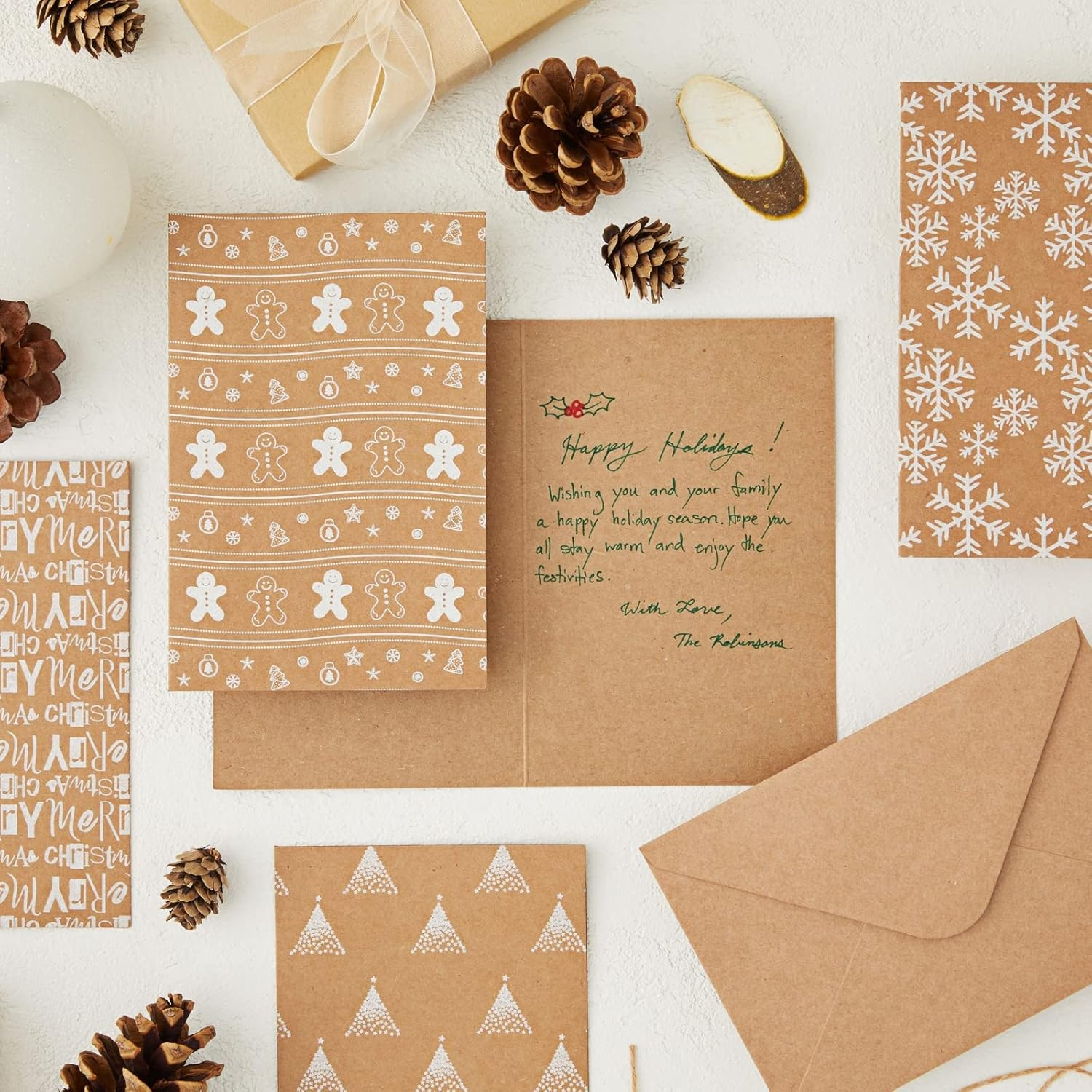 BEST PAPER GREETINGS 36 Pack Kraft Cute Christmas Greeting Cards with Envelopes, 4x6 Bulk Holiday Note Cards for Winter Holiday Xmas Season, 6 White Print Festive Designs