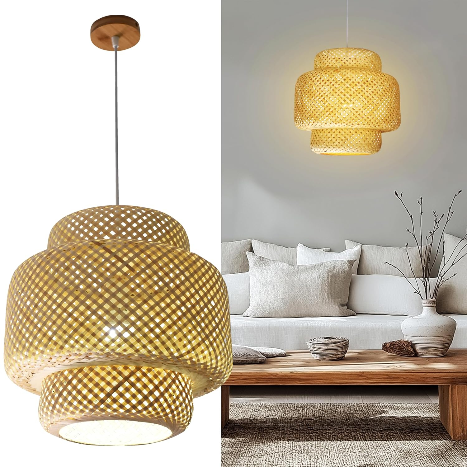 Hand Woven Rattan Lamp Shade - Bamboo Pendant Lights - Elegant Hanging Light Chandelier - Natural Boho Lighting Fixture - Dome Lamp Shade for Kitchen Island, Dining and Living Room - 14.96x15.71''