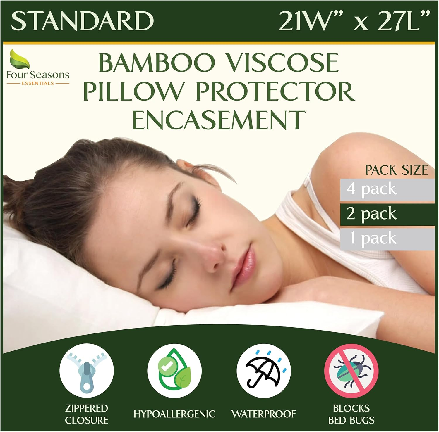 Four Seasons Essentials Standard Size Waterproof Pillow Protectors (Set of 2) - Natural Viscose derived from Bamboo Pillow Covers - Zippered Encasements for 20" x 26" Pillows