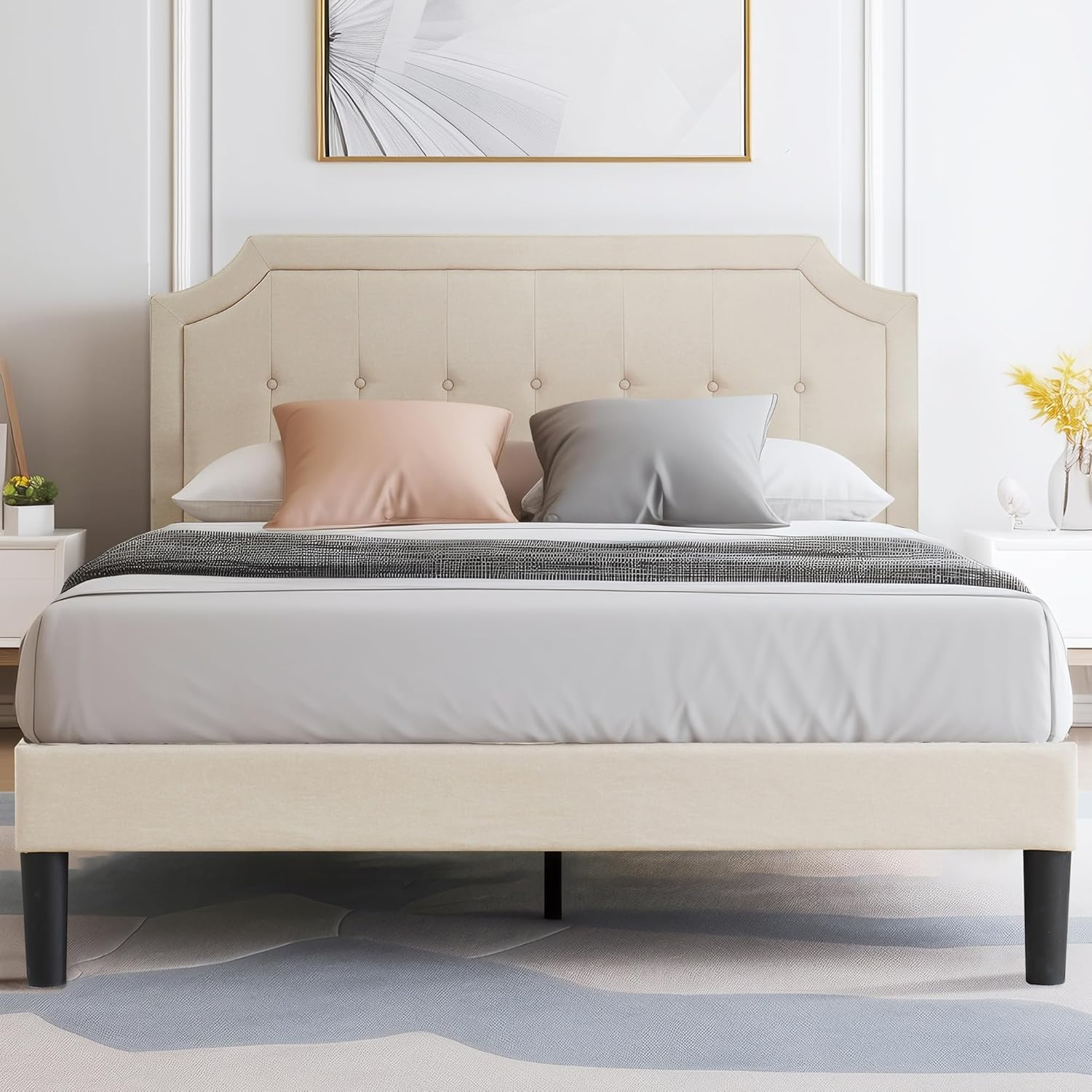 VECELO Queen Size Platform Bed Frame with Fabric Upholstered Headboard and Wooden Slats Support, No Box Spring Needed/Easy Assembly,Beige