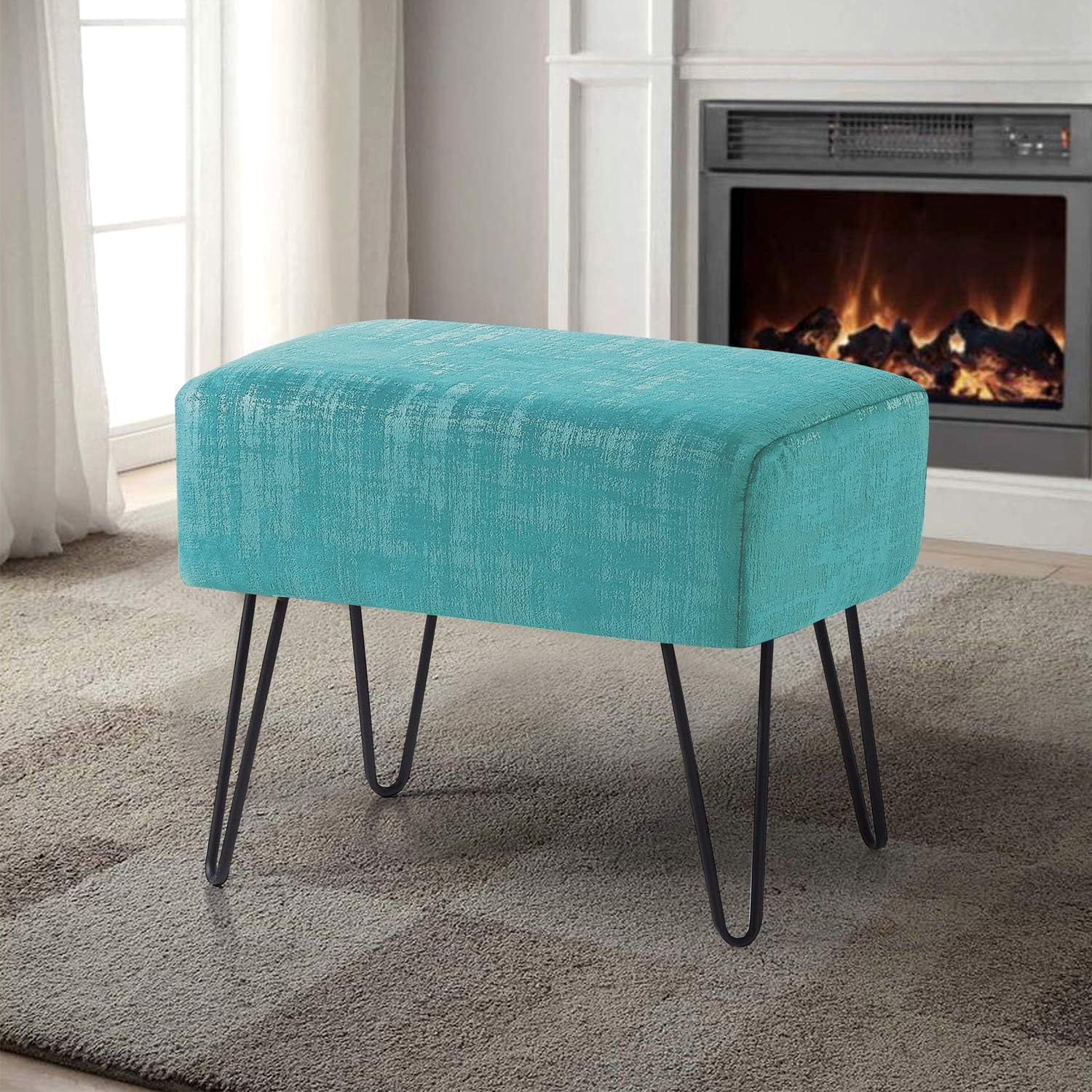 Home Soft Things Blue Textured Velvet Ottoman, North Sea, 19'' x 13'' x 17'' H, Fuzzy Entry Way Ottoman Bench for Living Room Bedroom End of Bed Decorative Makeup Stool Foot Rest Chair Home Décor